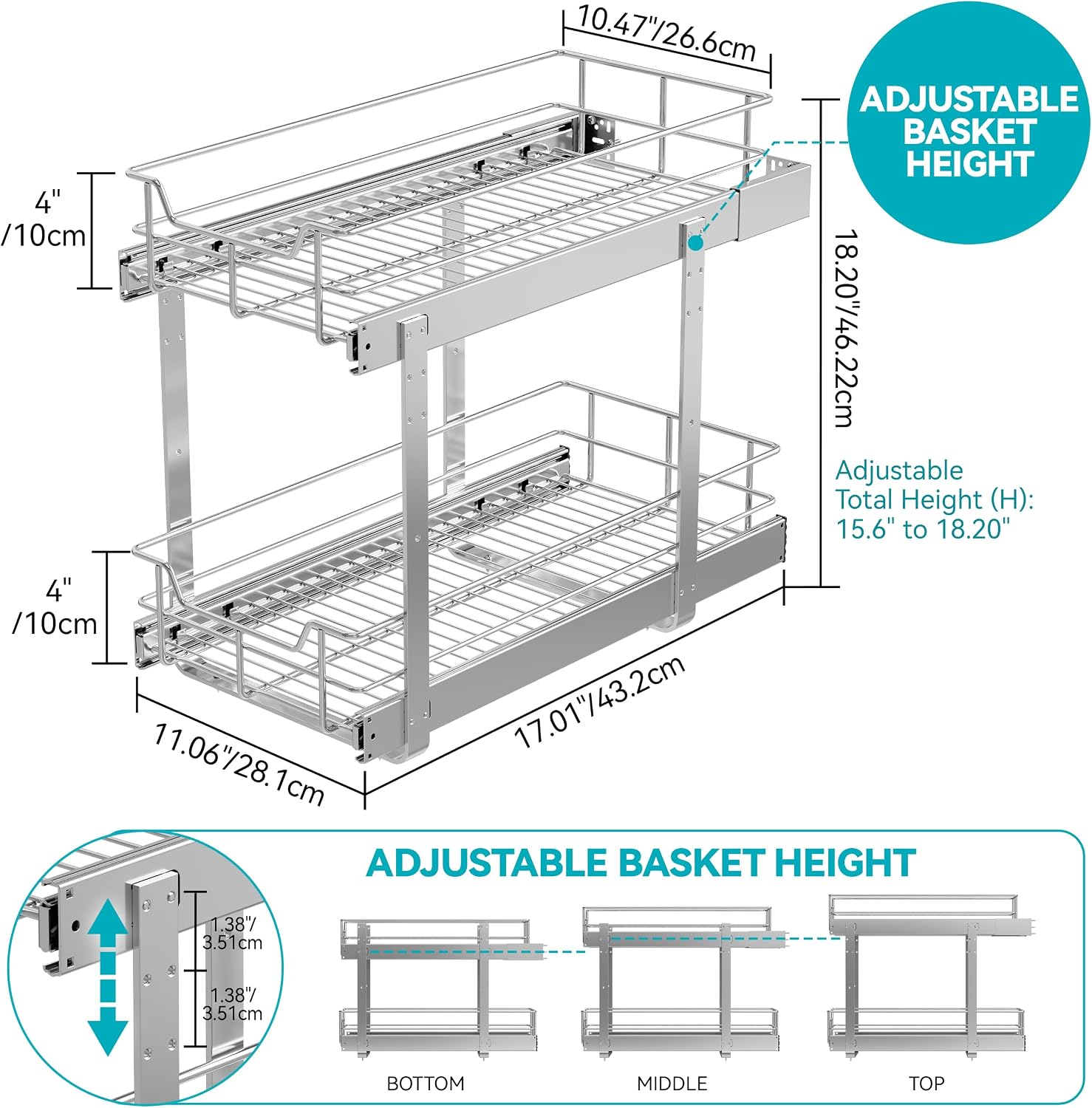 2 Tier Pull Out Cabinet Organizer 11" W X 22" D, Chromed, Full Slide Out