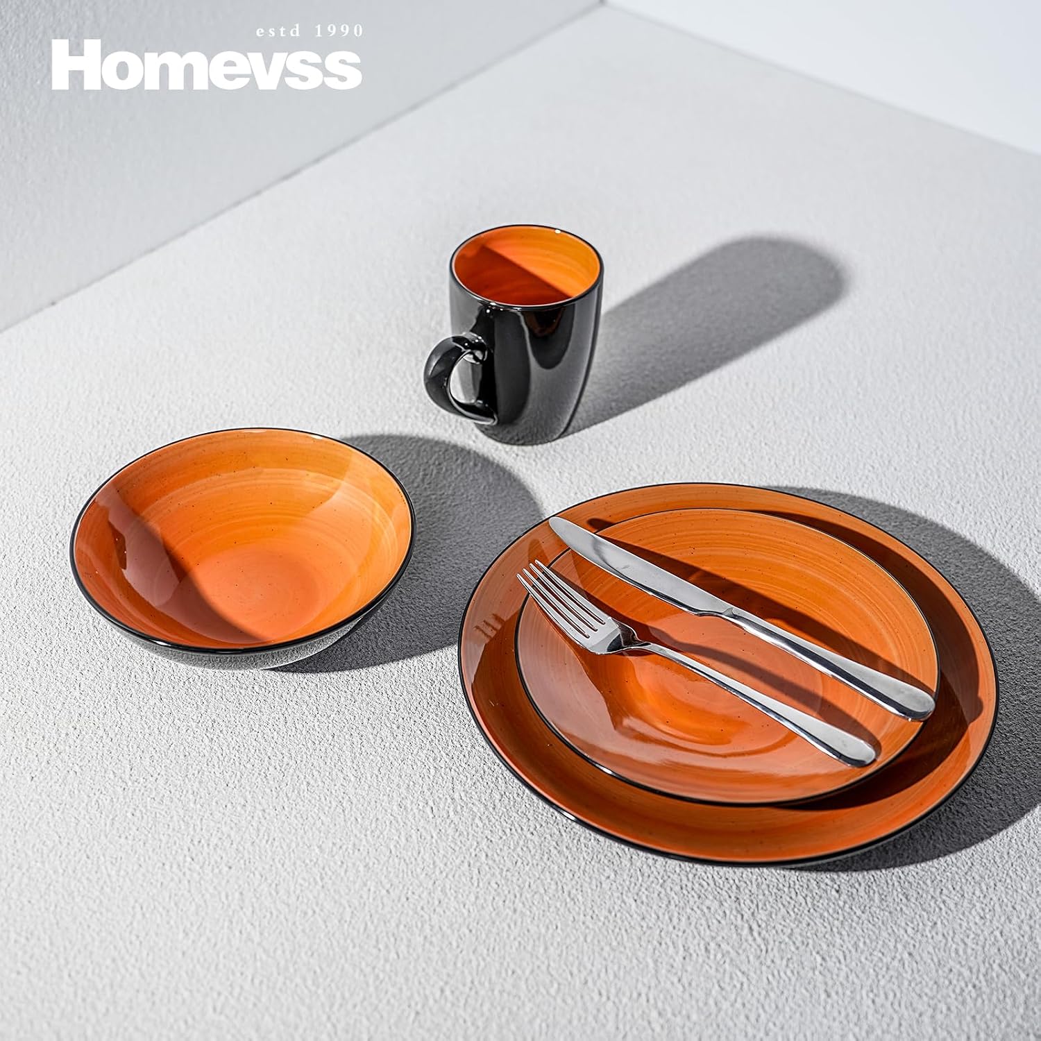 HomeVss, Sonoma Stoneware Dinnerware Set, Outside Black + Inside Hand Painting Color (16pc Set, Grey)