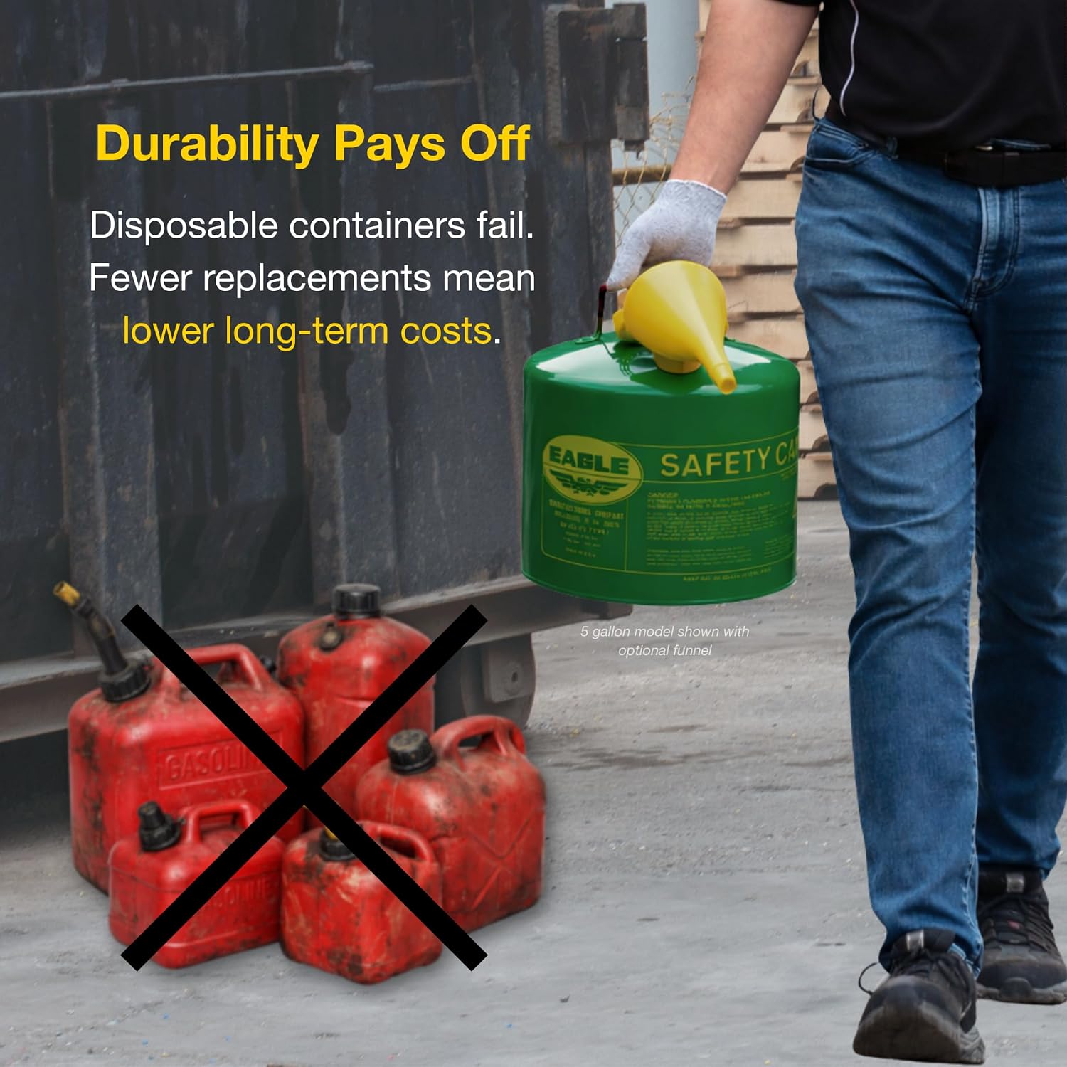 Eagle 5 Gallon Type I Green Safety Gas Can for Oil and Other Combustibles | Flame Arrester, Self-Closing Lid, and F-15 Funnel, Made in the USA