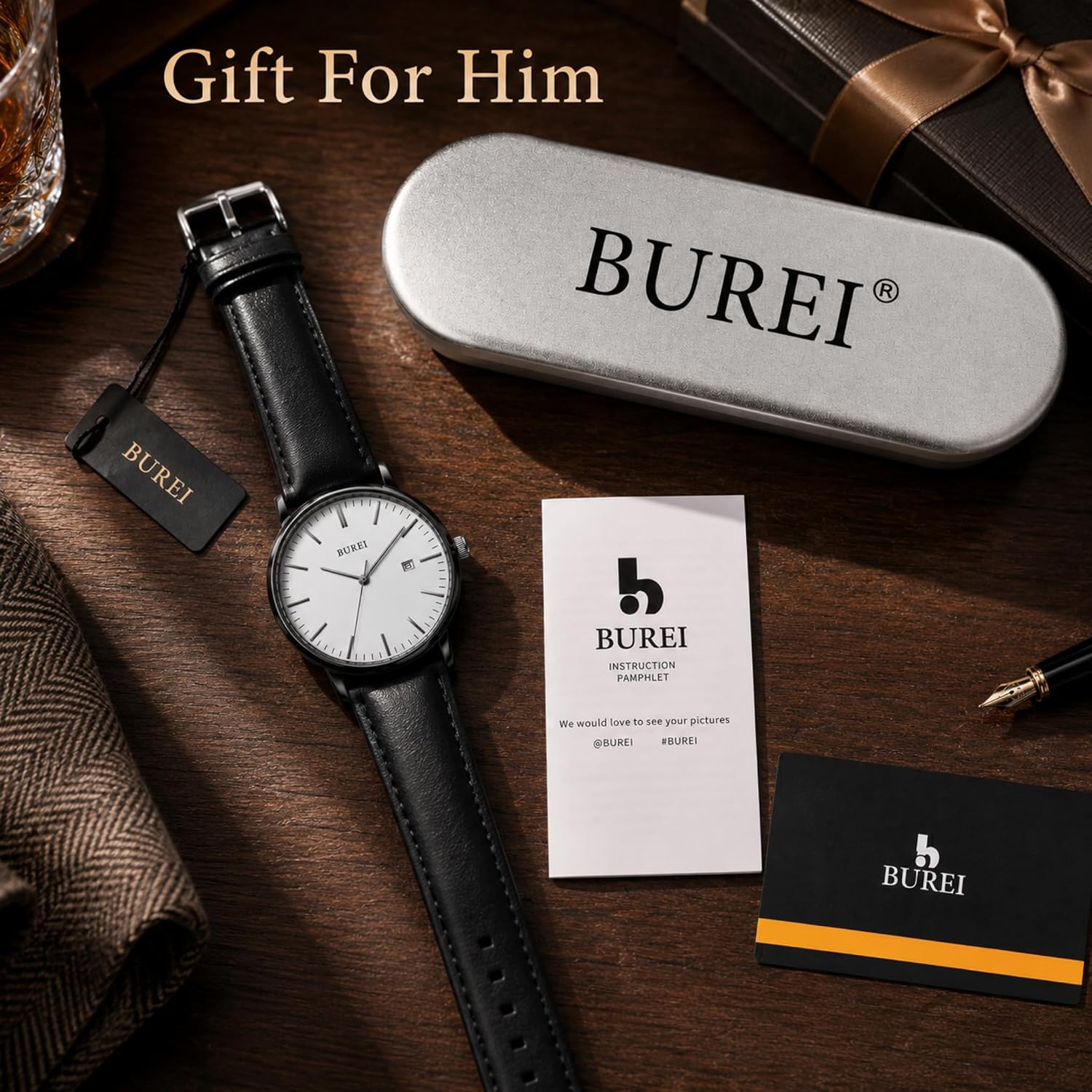 BUREI Men Wrist Watches Fashion Minimalist Thin Analog Quartz Waterproof Watches for Men, Refined Gifts for Men, Boyfriend, Husband, Dad