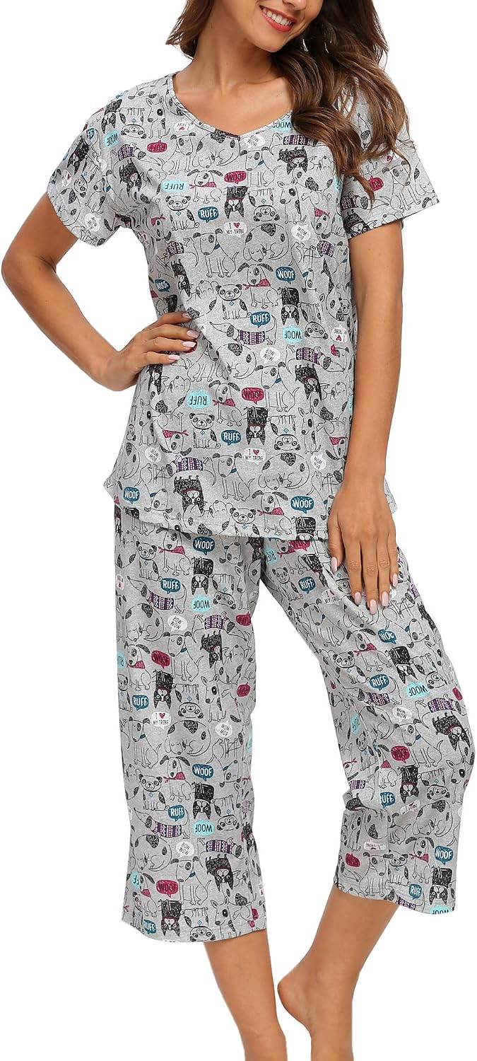 ENJOYNIGHT Womens Pajama Set Cotton Summer Pj Top with Capri Pant Sleepwear