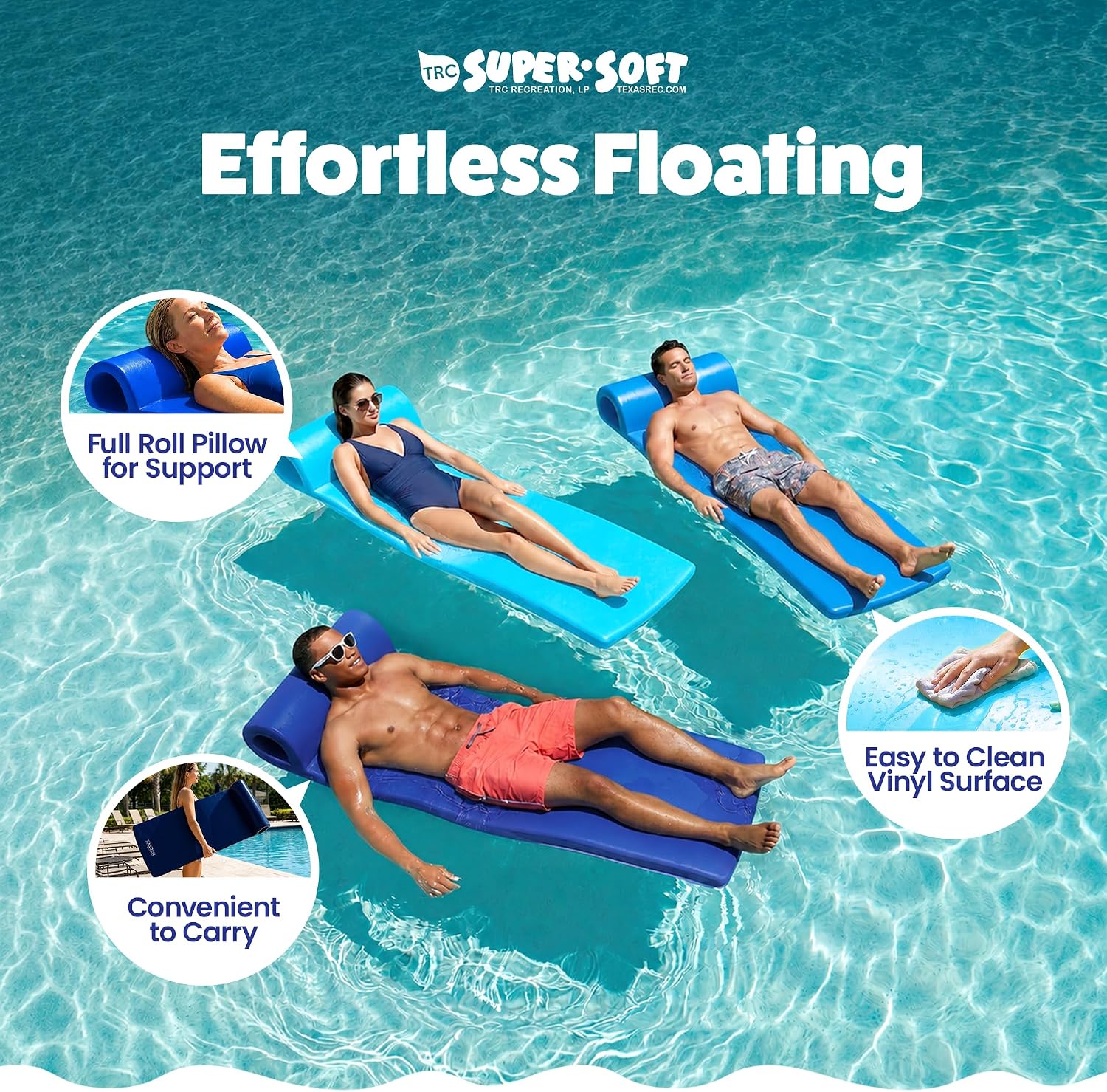 TRC Recreation Sunsation 1.75" Thick Foam Pool Float Lounger w/ Headrest for Lounging & Sunbathing in Swimming Pools, Beaches & Lakes, 70" x 26
