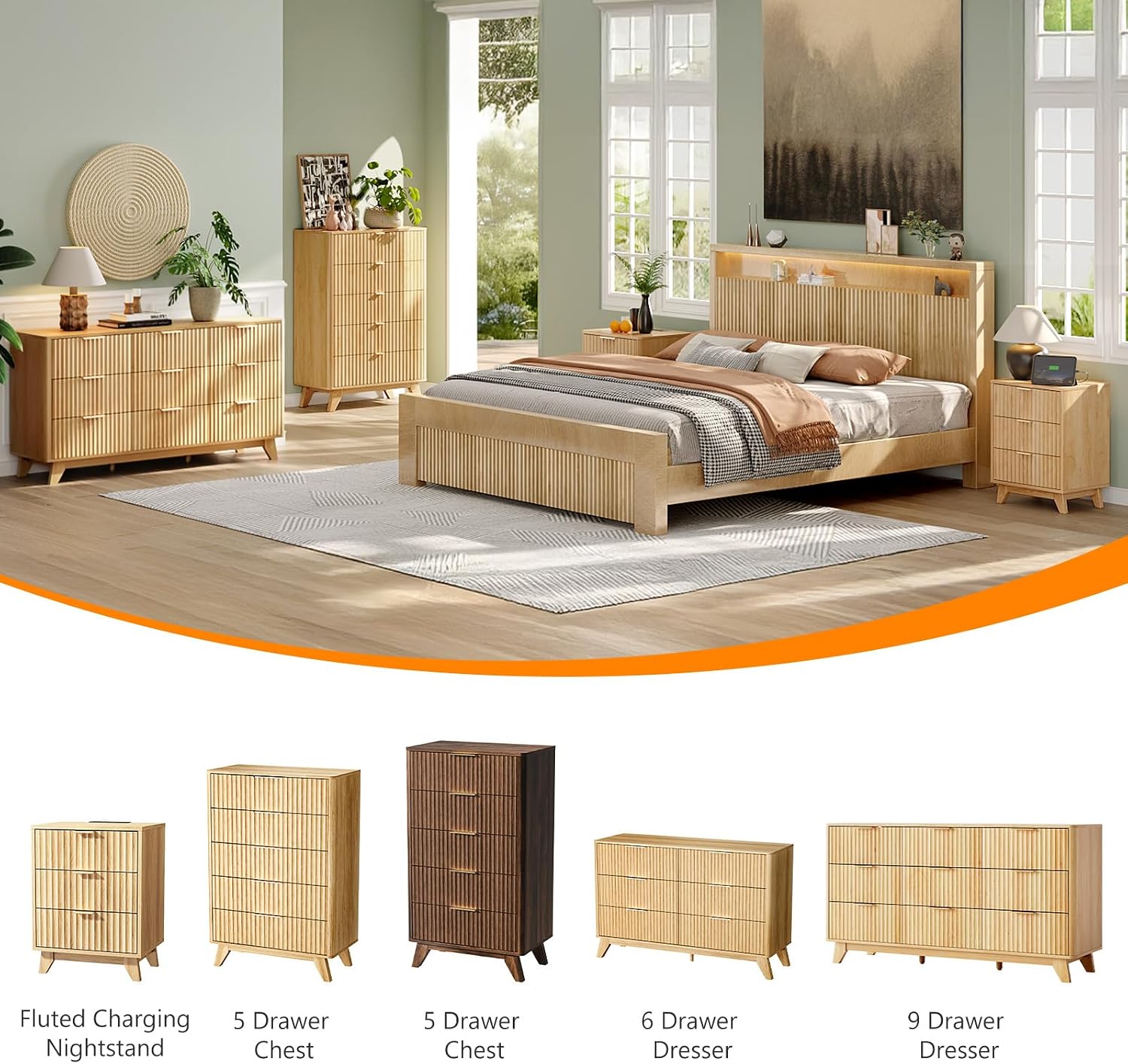 VINGLI Fluted Tall Dresser 5 Drawer, 23.66" W Chest of Drawers Gray Wood Dresser with Rounded Edges, Grey Dressers for Bedroom