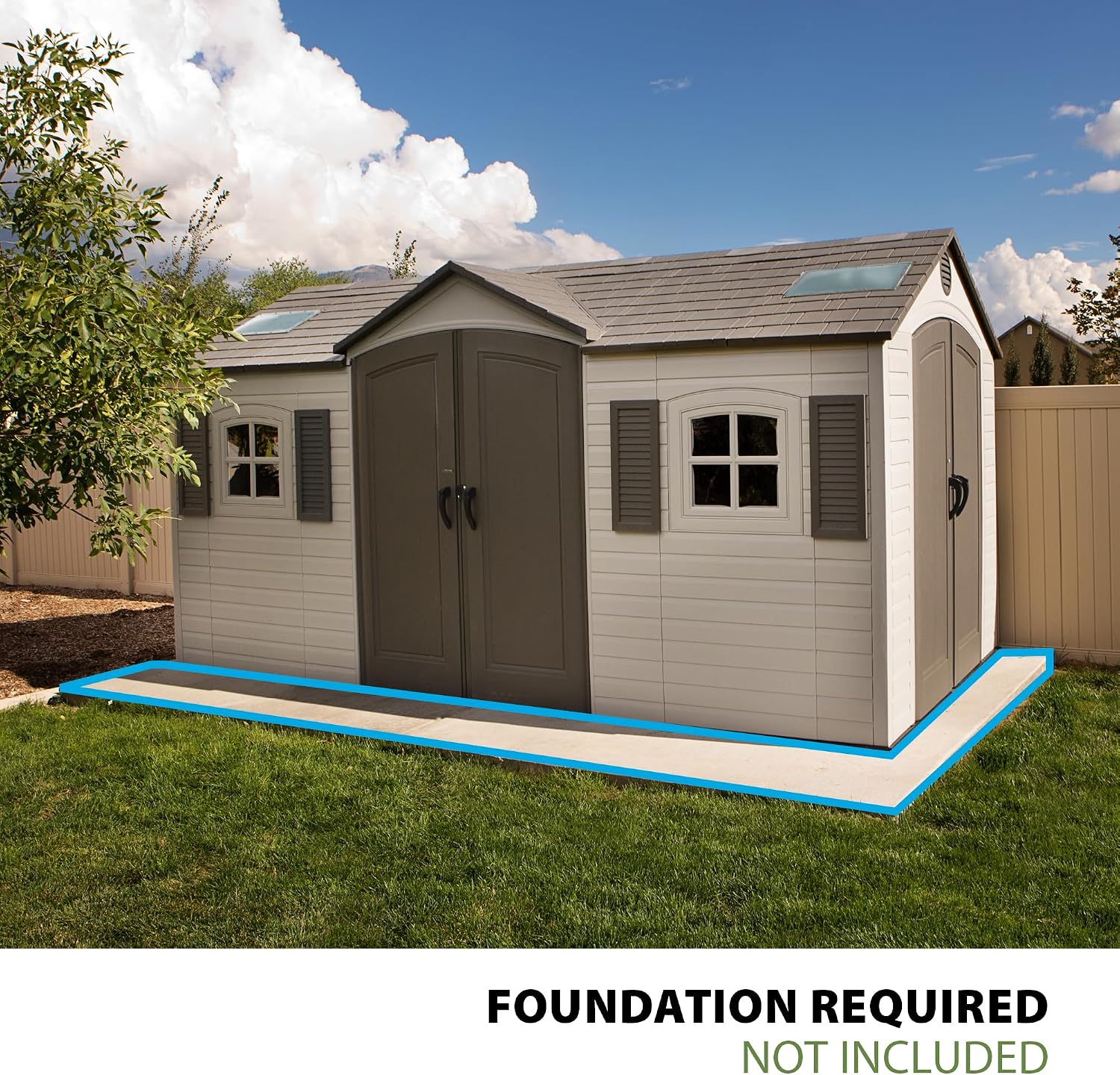 Lifetime 15×8 Ft Dual‑Entry Outdoor Storage Shed, Steel‑Reinforced, UV‑Protected, Weather‑Resistant Backyard Garden Shed with Skylights