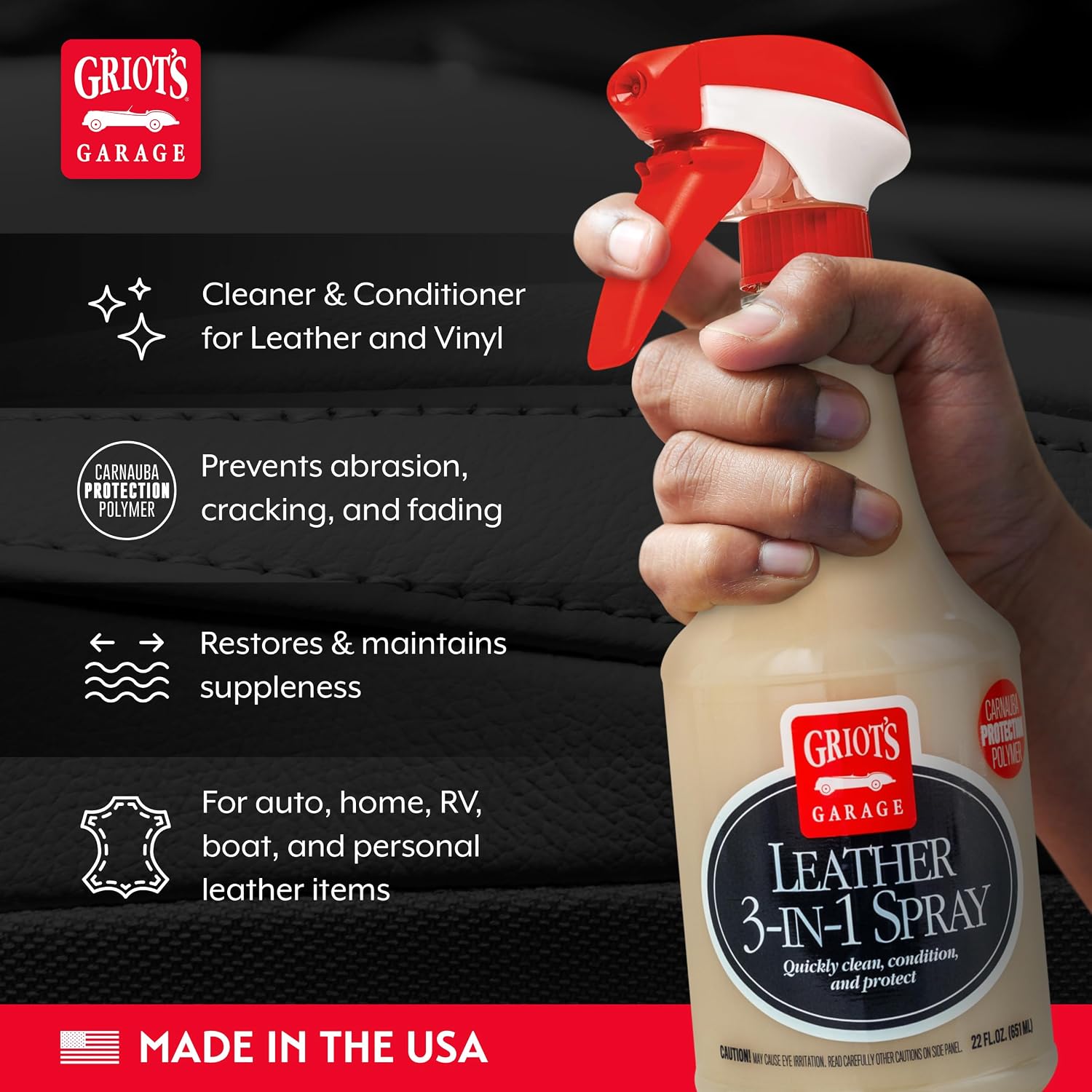 Griot's Garage Leather 3-in-1 Spray, Cleaner and Conditioner for Leather and Vinyl, Car Seats and Vehicle Interior, Truck, RV, Boats, and Home, 10963, 22 oz