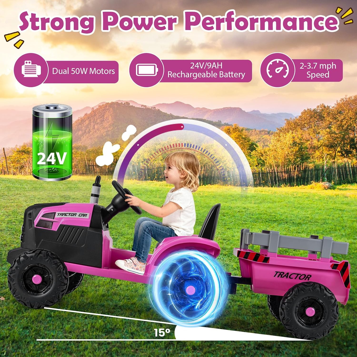 Costzon Ride on Tractor with Detachable Trailer, Kids' Electric Vehicles w/3-Gear-Shift Ground Loader, Wireless Design & USB, 7 LED Headlights