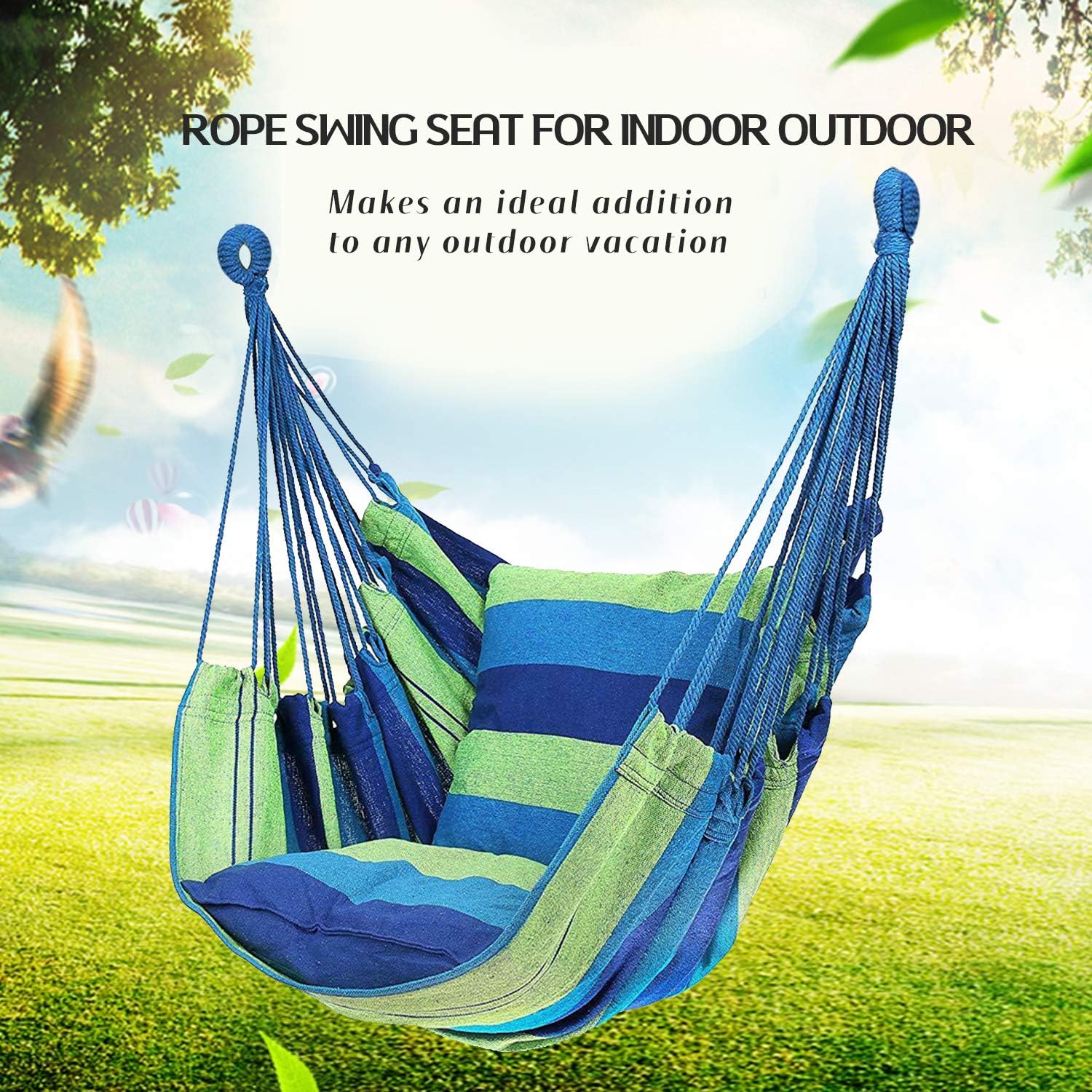 Hommtina Hammock Chair Hanging Rope Swing, Max 300 Lbs Hanging Chair with Pocket & Durability Perfect for Outdoor, Home, Bedroom, Patio