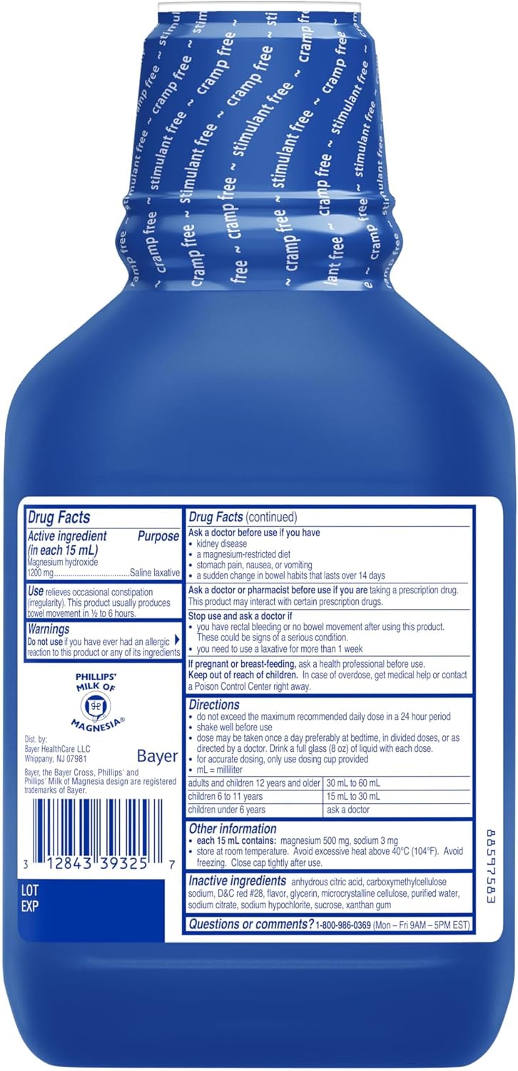 Phillips’ Milk of Magnesia Liquid Laxative, Wild Cherry Flavor, Stimulant Free, Cramp Free Relief of Occasional Constipation*, Effective in 30 minutes - 6 hours, #1 Milk of Magnesia Brand, 26 oz