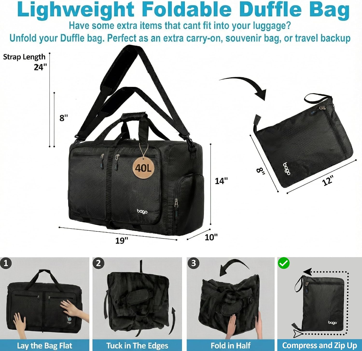 Bago Large Duffle Bag for Travel Women & Men. Durable Lightweight Foldable Travel Duffel Bags For Traveling Women. 80L Duffle Bags For Overnight Bag With Shoe Compartment Collapsible Weekender duffel