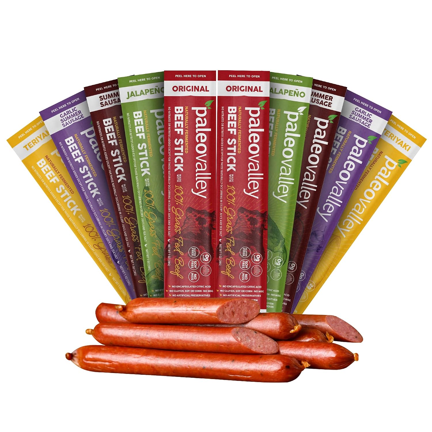 Paleovalley 100% Grass Fed Beef Sticks, Protein Snacks, Original | 10 Count, Individually Wrapped, Naturally Fermented, Gluten Free, Keto and Paleo, Made With Simple Ingredients, 6g Protein