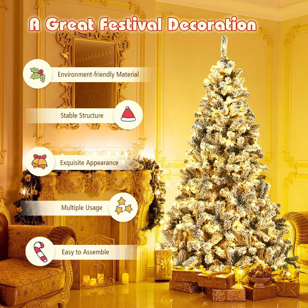Goplus 7.5ft Pre-Lit Artificial Christmas Tree, Premium PVC Snow Flocked Hinged Pine Tree with Metal Stand and LED Lights