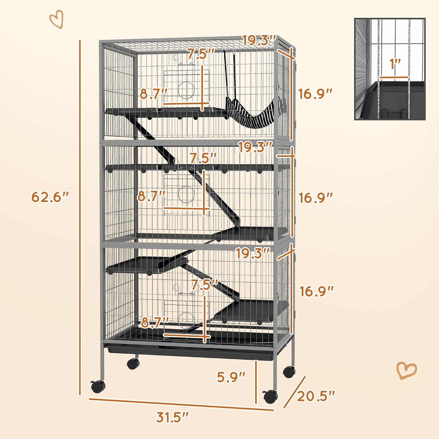 PawHut Metal Small Animal Cage, 4-Tiers Rolling Big Ferret Cage, Gray