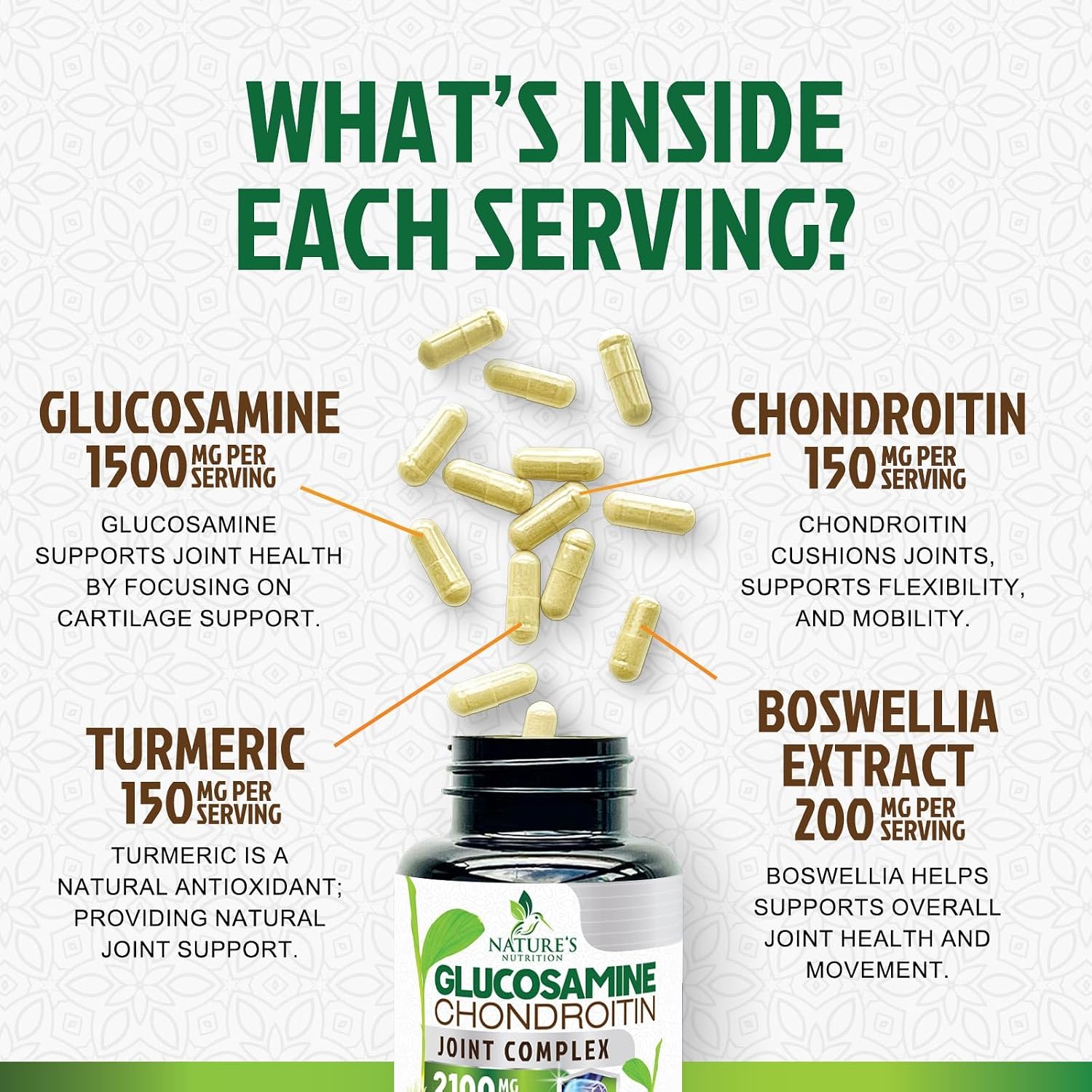Glucosamine Chondroitin MSM 2100mg - Joint Support Supplement for Joint Mobility & Cartilage Support For Men and Women - Glucosamine Supplements with Turmeric & Boswellia, USA Bottled - 120 Capsules