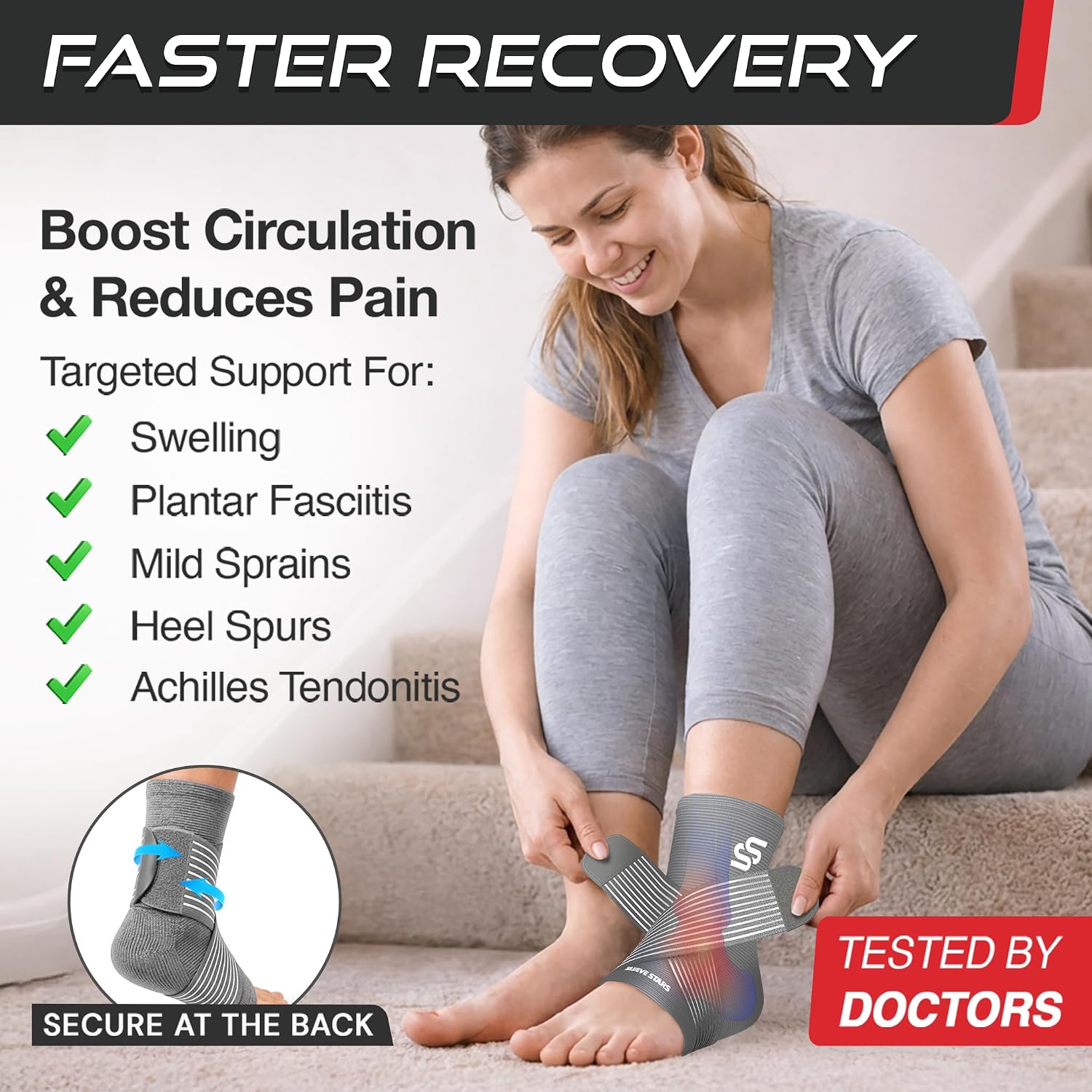 Sleeve Stars Ankle Brace for Women & Men, Ankle Wrap for Sprain, Compression Sleeve for Plantar Fasciitis Relief, Easy Customizable Support: w/ Removable Strap (Single/M:10"-12"/Black)
