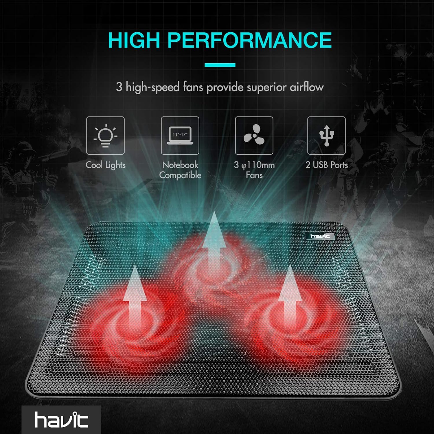 havit HV-F2056 15.6"-17" Laptop Cooler Cooling Pad - Slim Portable USB Powered (3 Fans), Black/Blue | Three quiet USB-powered fans circulate air below the laptop, two height settings improve viewing and typing comfort