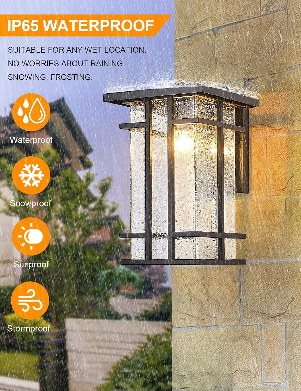Rustic Dusk to Dawn Outdoor Wall Light Fixture 13.8"H Waterproof Exterior Wall Sconces Black Metal with Seeded Glass Sensor Outdoor Wall Lantern for