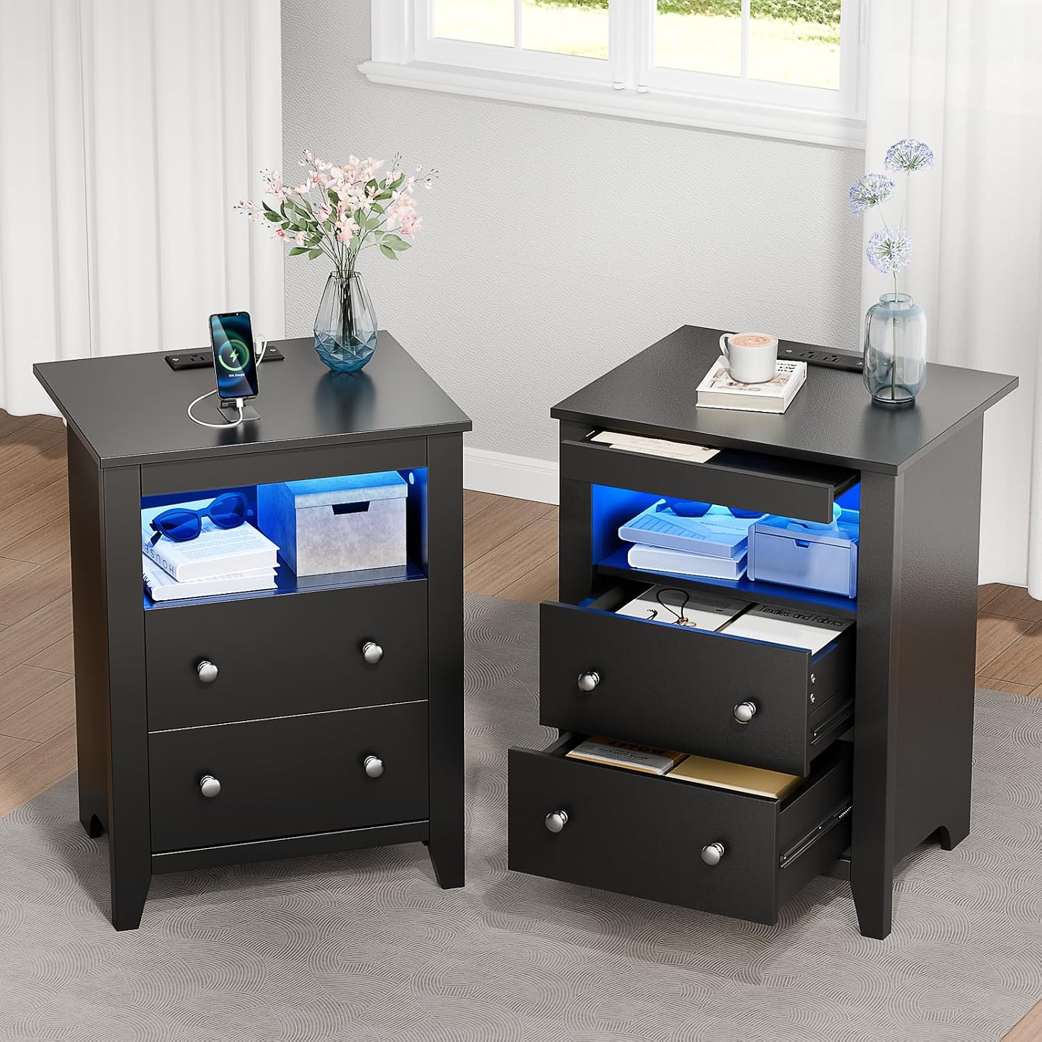 Black Nightstand with Gun Drawer, Night Stand with Charging Station & LED Lights, Bedside Table with Tray & 2 Drawers, End Side Table with Hidden Compartment for Valuables Storage