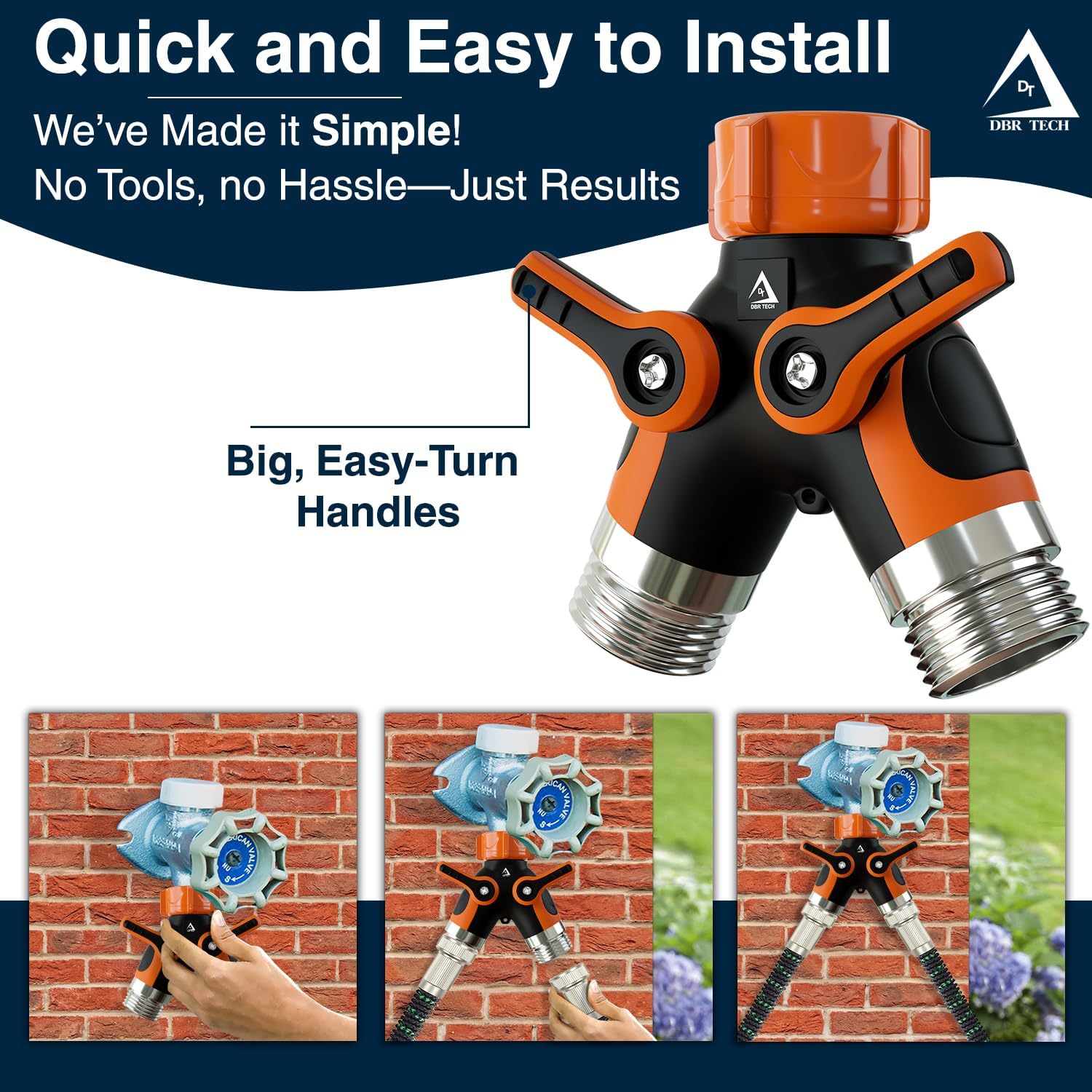 DBR Tech® Hose Splitter 2 Way, Heavy Duty Metal Connector, Two Way Garden Hose Splitter, High Flow Spigot Faucet Bib Adapter