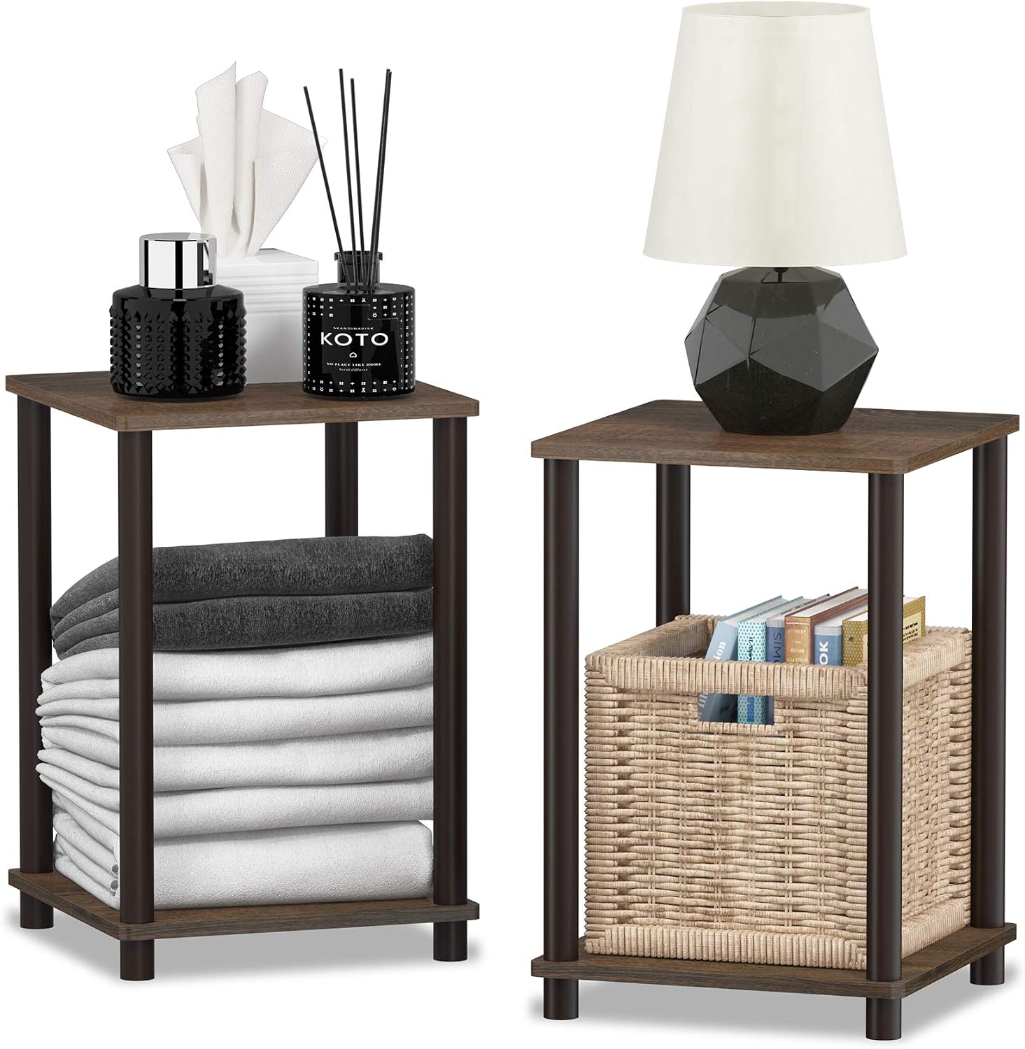 Furinno Turn-N-Tube End Table Corner Shelves, Set of 2, Dark Cherry/Black | Stackable Modern End Table with Open Shelf, Night Stand, Bedside Table, for Living Room, Bedroom
