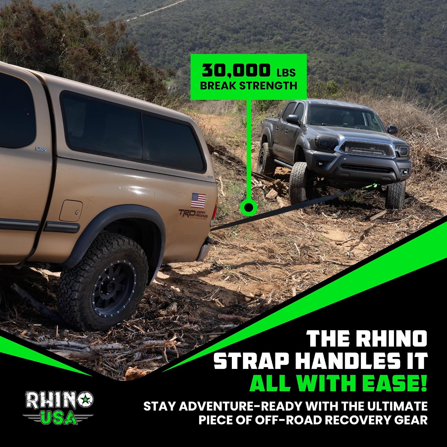 Rhino USA Recovery Tow Strap (3in x 30ft) - 31,518lb Heavy Duty Towing | 31,518lb Break Strength Emergency Tow Strap, Extended 30ft Length. For Truck, UTV, ATV & Jeep Offroad Recovery. Black