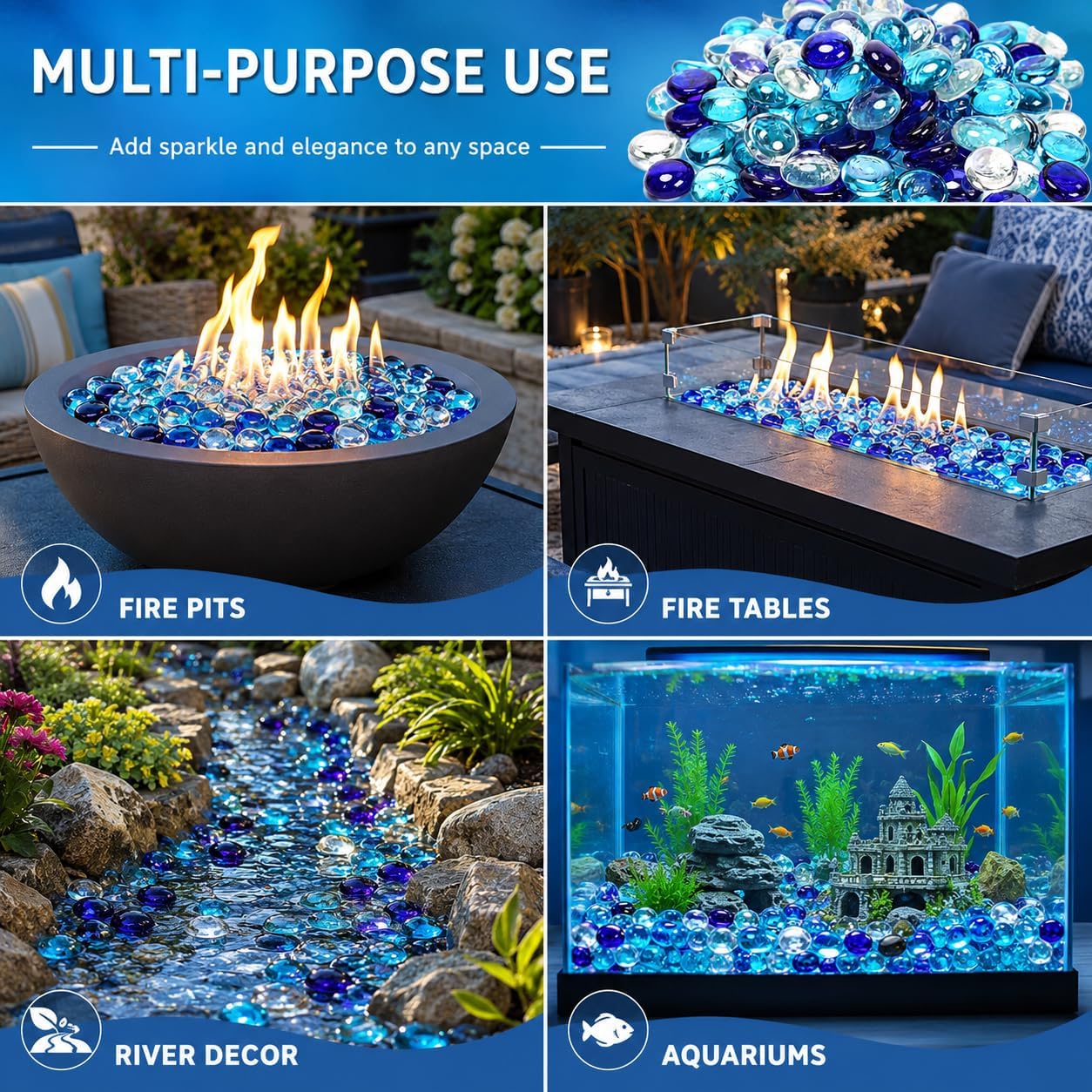 Hisencn Fire Glass Beads for Fire Pit 1/2 Inch, Blended Blue Fire Glass Rocks for Propane Gas Fireplace or Natural