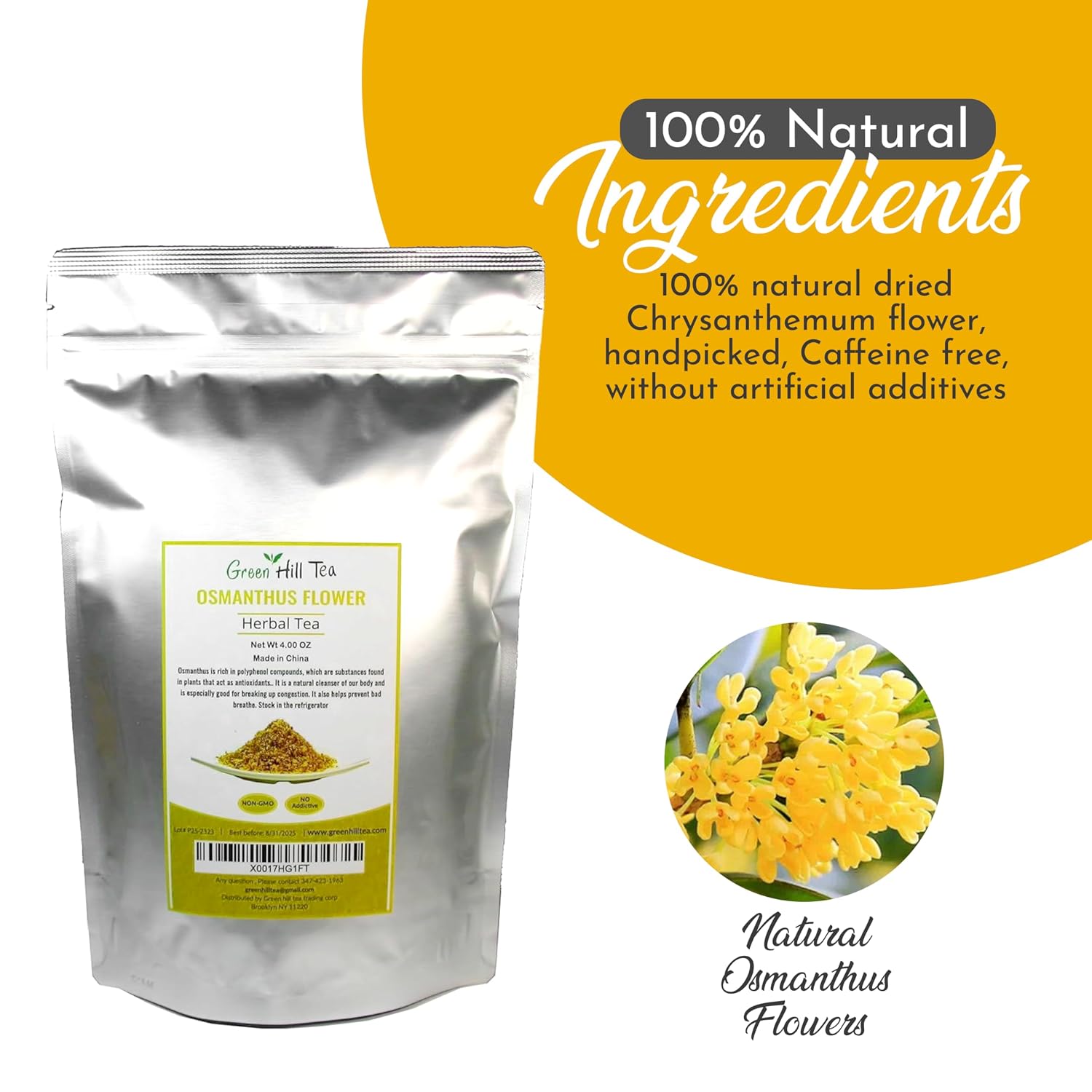 Green Hill Tea Osmanthus Flower Dried – Premium– Fragrant Osmanthus Dried Flowers -Loose Leaf Tea – 100% Pure, Natural, Non-GMO – Great for Brewing, Baking & Infusions 4 OZ