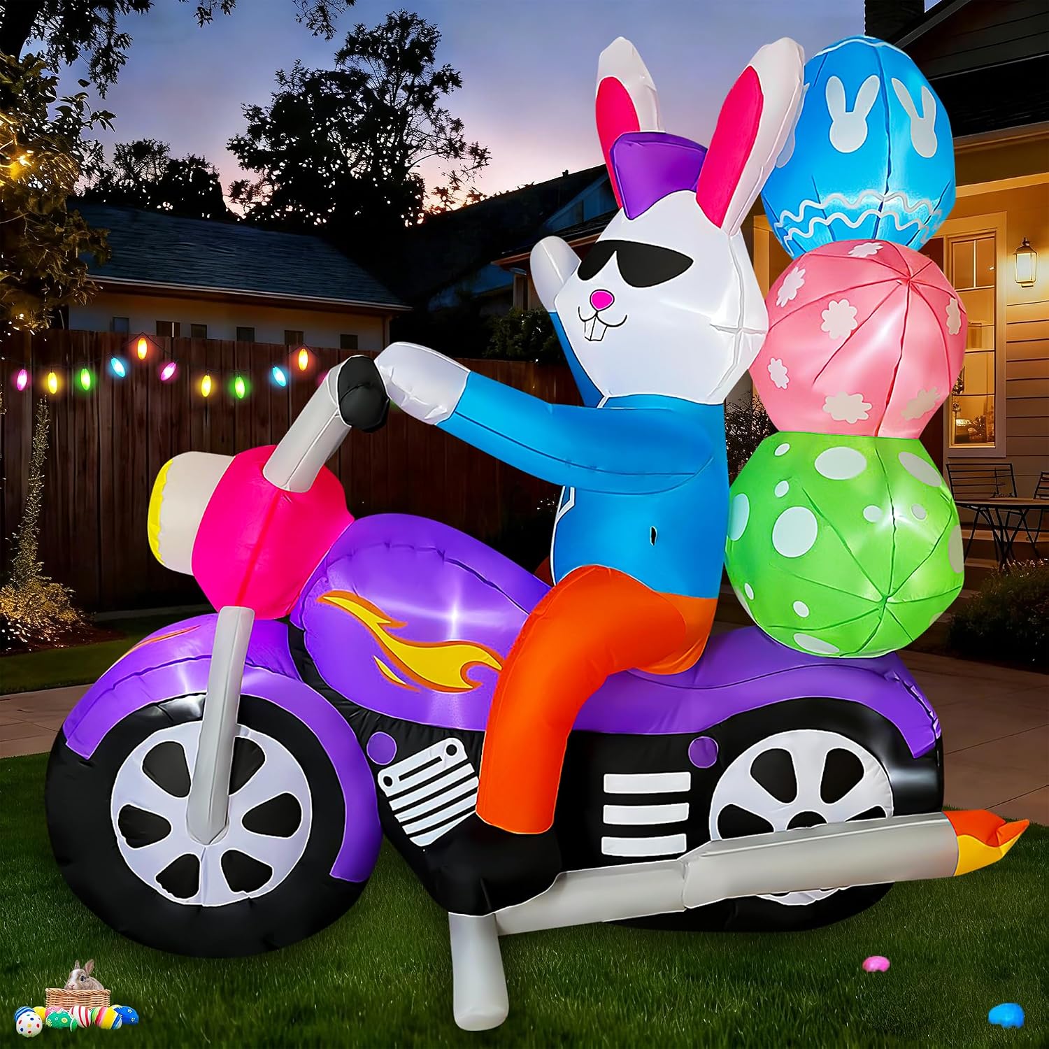 SEASONBLOW 6 FT Easter Inflatable Bunny on Motorcycle with Eggs Decorations Light Blow Up Rabbit for Yard Lawn Garden Home Outdoor Indoor Holiday