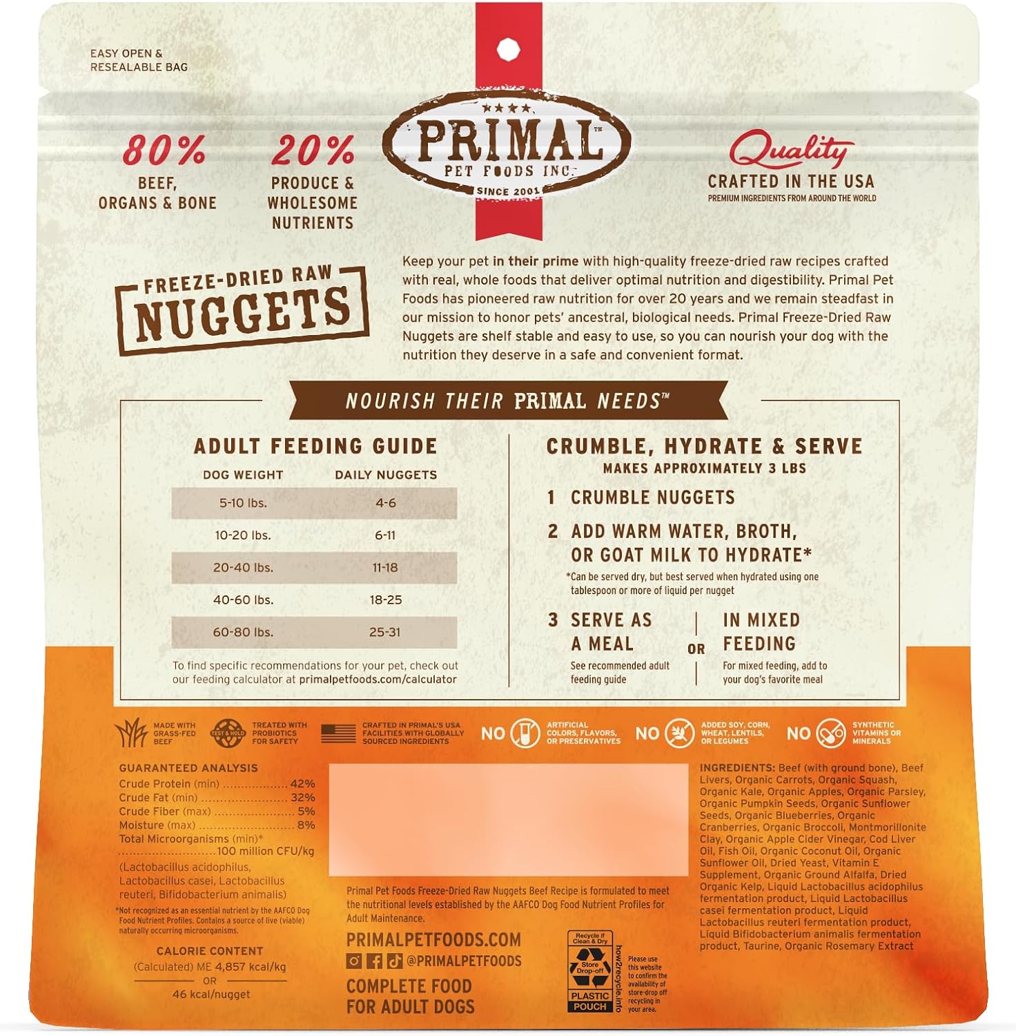 Primal Freeze Dried Raw Dog Food Nuggets, Beef, 14 oz | Complete & Balanced Nutrition, Meal, Topper or Treat, Grain-Free, High Protein, No Synthetic Vitamins & Minerals