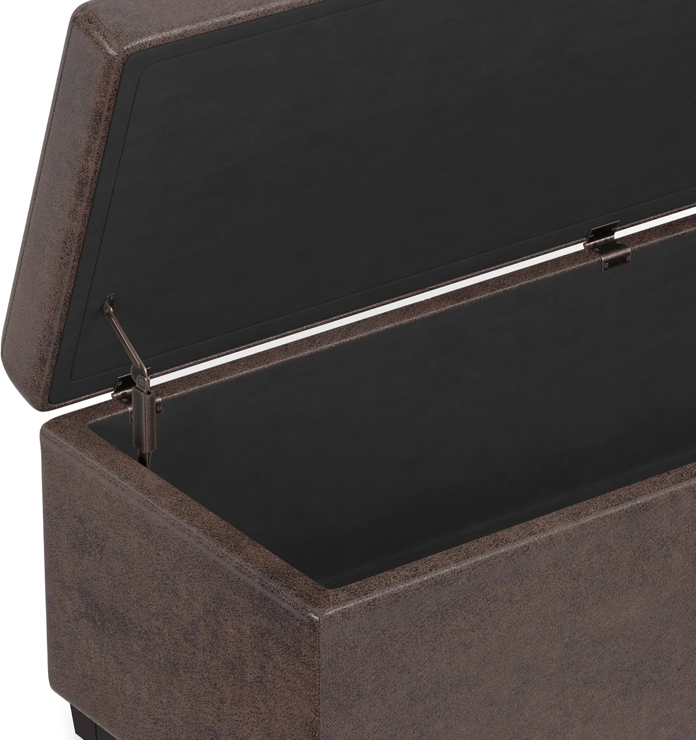 SIMPLIHOME Avalon 54" Wide Vegan Leather Storage Ottoman in Tanners Brown