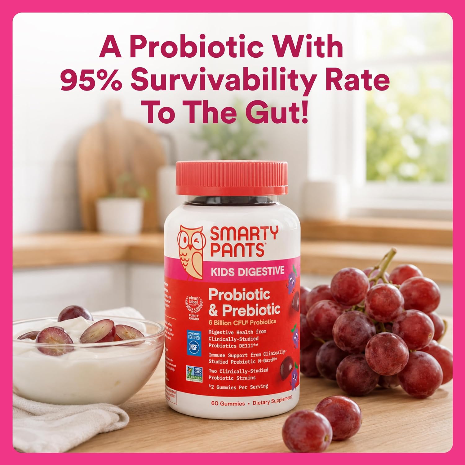 SmartyPants Kids Probiotic & Prebiotic Gummies for Digestive Health: Gut Health Supplement, Clinically Studied Prebiotic for Immune Support, Strawberry, 60 Count (30 Day Supply)