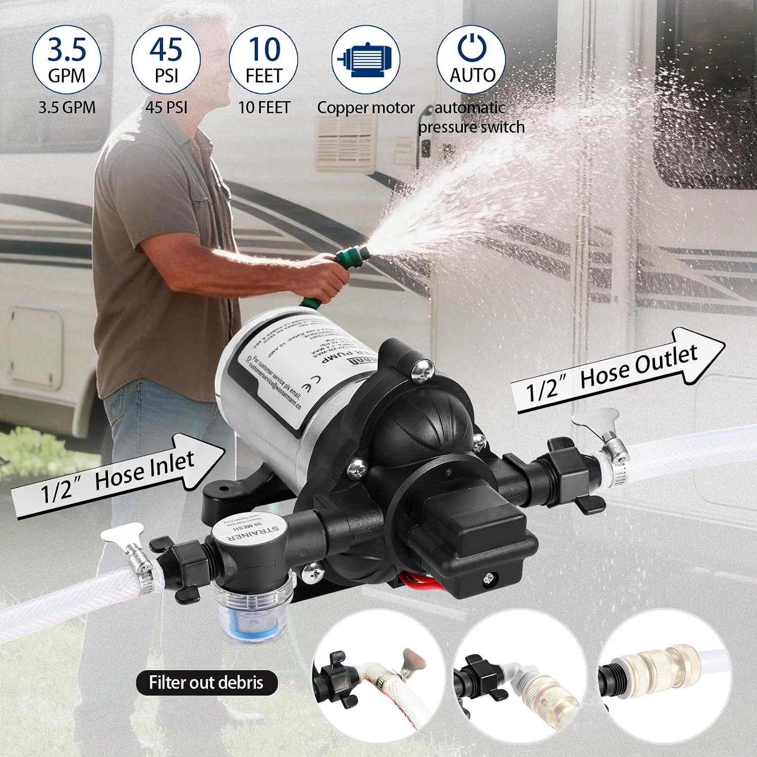 RV Water Pumps 115V AC Pressure Pump with Pressure Switch, Self-priming Water Pump 4.0GPM 45PSI, Fresh Water Pump for RV, Kitchen Barthroom Camping Marine Yacht Garden Diaphragm Pump115volt