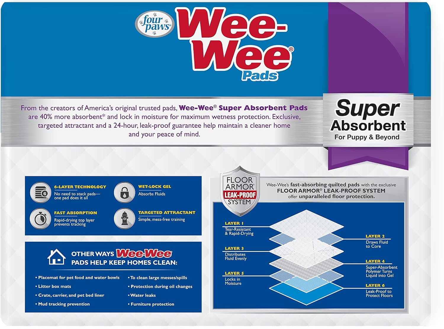 Four Paws Wee-Wee Super Absorbent Pads for Dogs, 22 Count | Leak-proof puppy pads, locks in wetness, dog housebreaking & potty training, all day floor protection, 24" x 24"