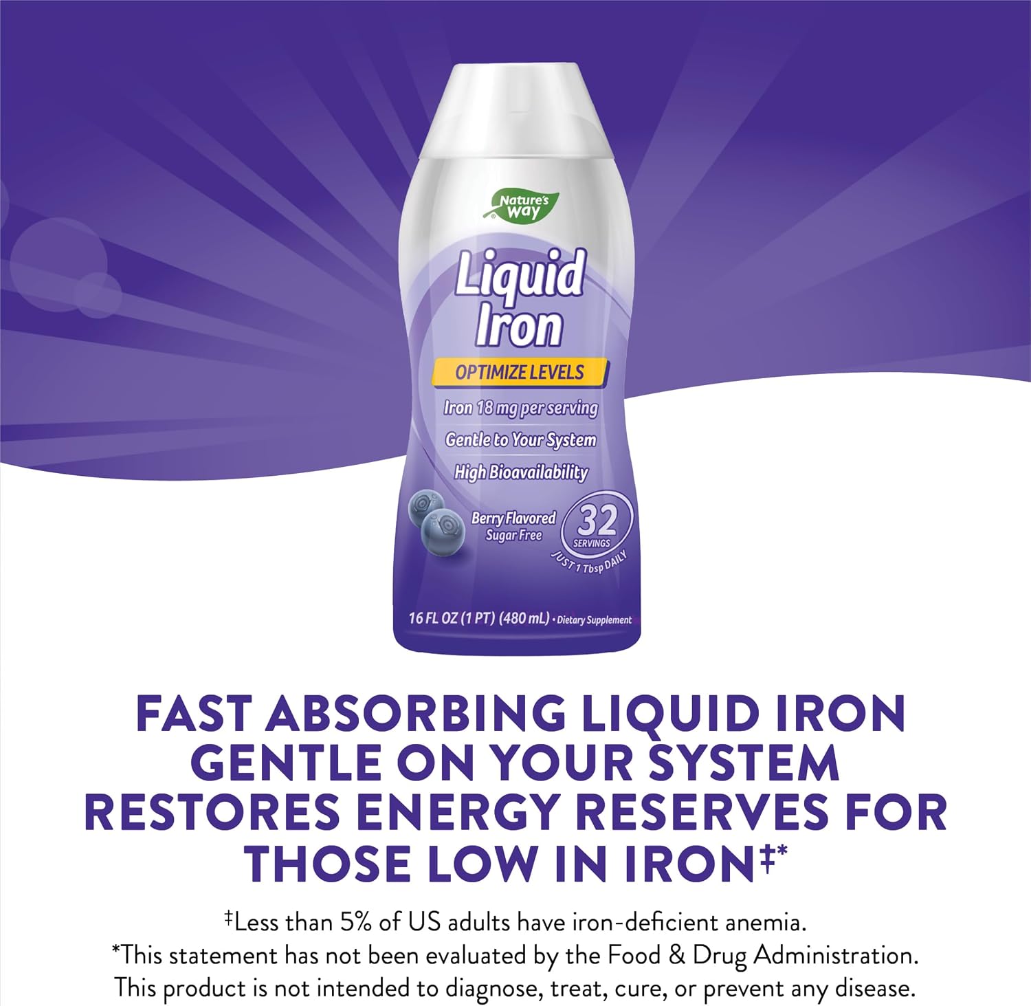 Nature’s Way Liquid Iron Supplement, 18 mg per Serving, Berry, 16 Fl Oz | Gentle Glycinate Iron, Fast-Absorbing Liquid, Iron for Red Blood Cell Support and Energy Metabolism*, No Sugar Added