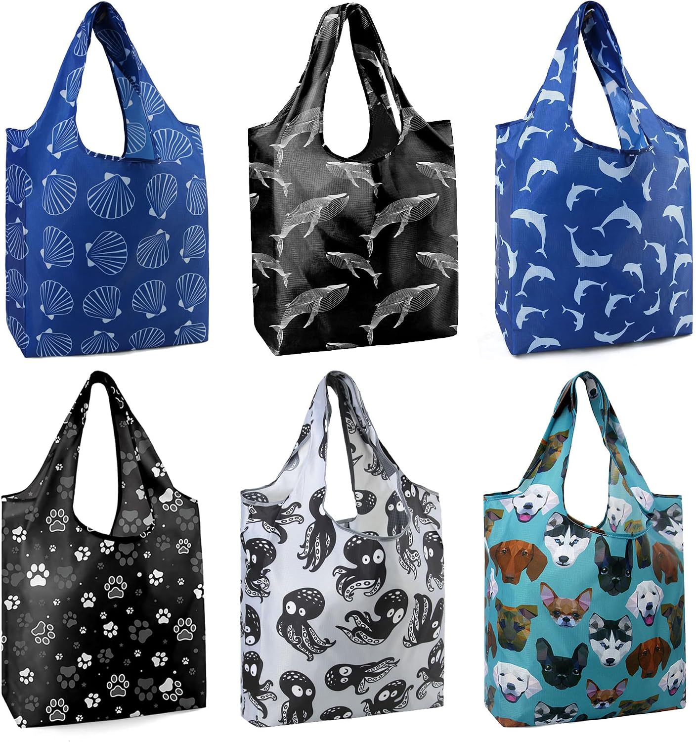 BeeGreen Grocery Bags | Reusable Gift Bags, Large Tote for Women & Foldable Beach Bag - 6 Pack Reusable Bag With Handles | Collapsible Cute Cloth Storage for Market, Holiday & Shopping | Washable​