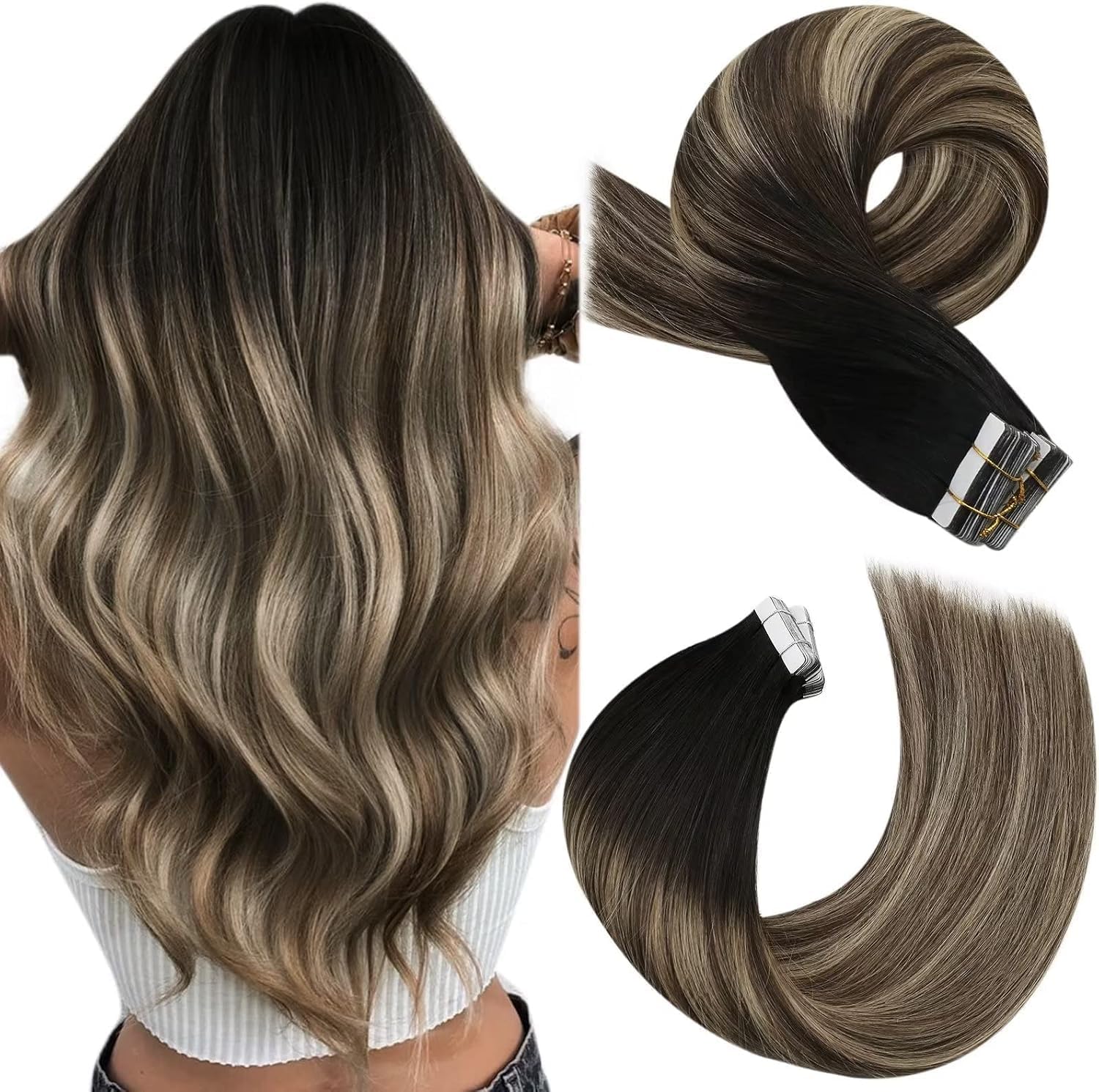 Moresoo Black Tape in Hair Extensions Human Hair, 18 Inch, 20Pcs, 50g
