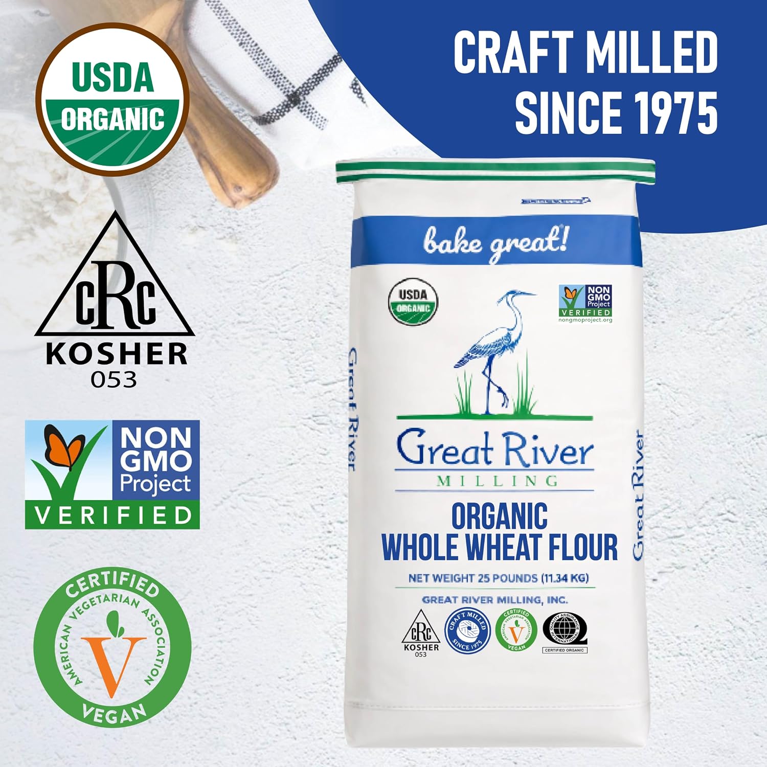 Great River Milling Organic Whole Wheat Flour, High Protein, 25 lb
