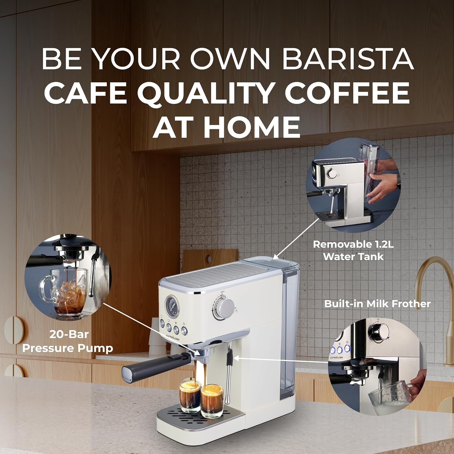 Epsilon Coffee Machine with Milk Frother, Compact 20-Bar Espresso Maker, Hot and Iced Coffee Maker with Removable Water Tank, Cold Brew Feature