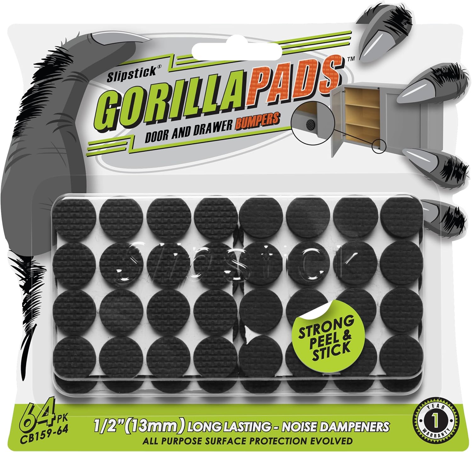 Slipstick GorillaPads CB149 Non-Slip Furniture Pads/Rubber Grippers (Set of 8) Self-Adhesive Furniture Feet Floor Protectors, 1-1/2 inch Round, Black