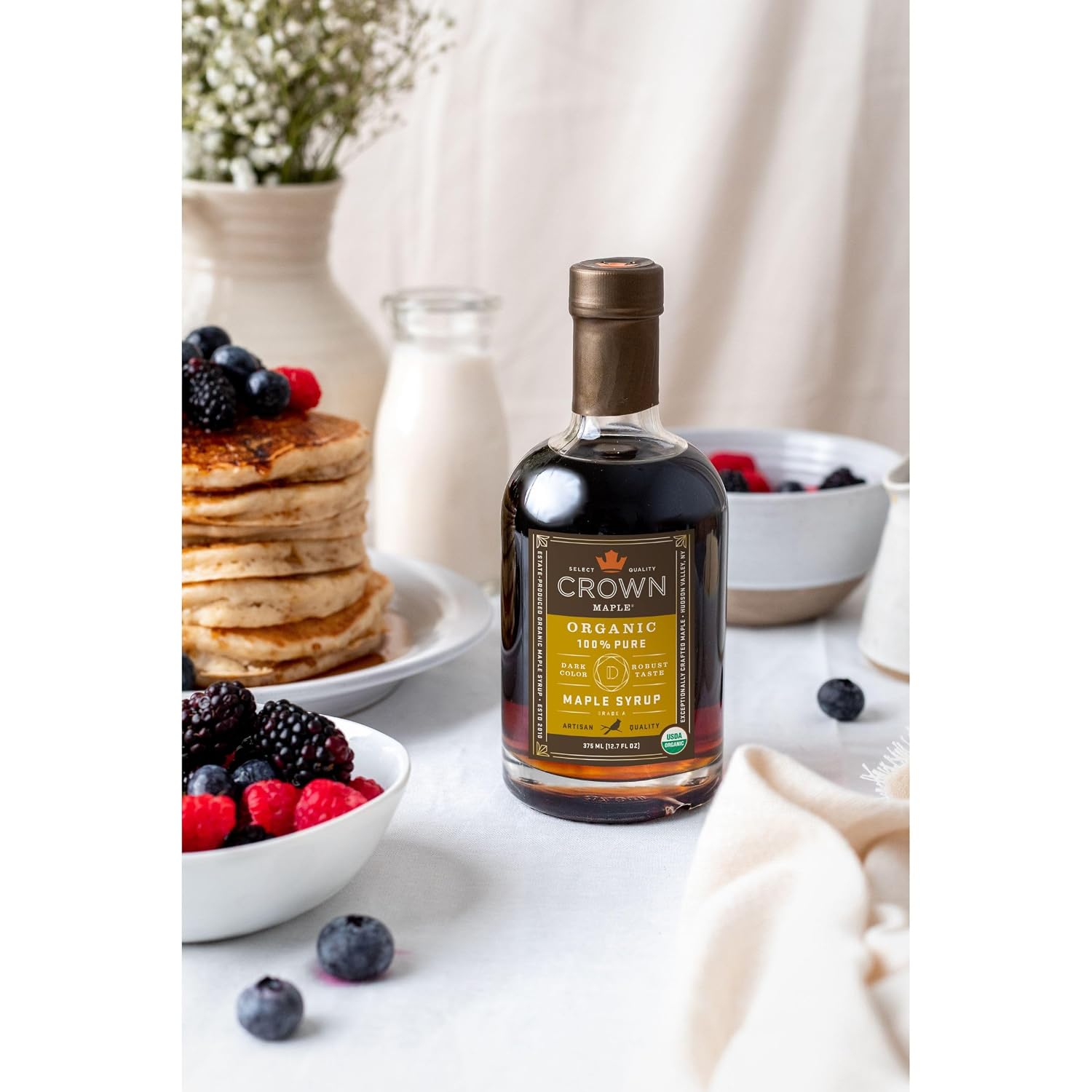 Crown Maple Organic 100% Pure Amber Color Rich Taste Maple Syrup, Flavor Marinades, Cocktails, Pancakes, Squash & Bacon, 12.7 Fl Oz