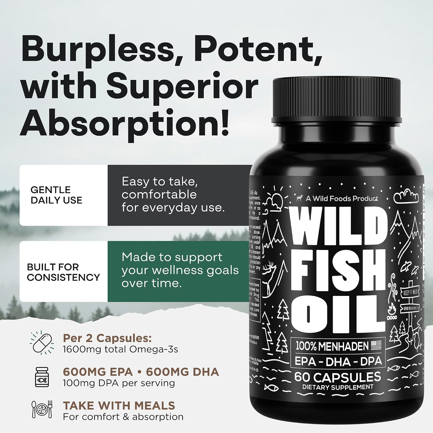 Wild Foods Fish Oil Omega 3 Supplements, 1600mg EPA DHA DPA, 60 Capsules | Burpless, Odorless, Non-GMO, Gluten Free, Supports Brain, Heart & Joint Health, 30 Servings, 1 Pack, Worldwide Sourced