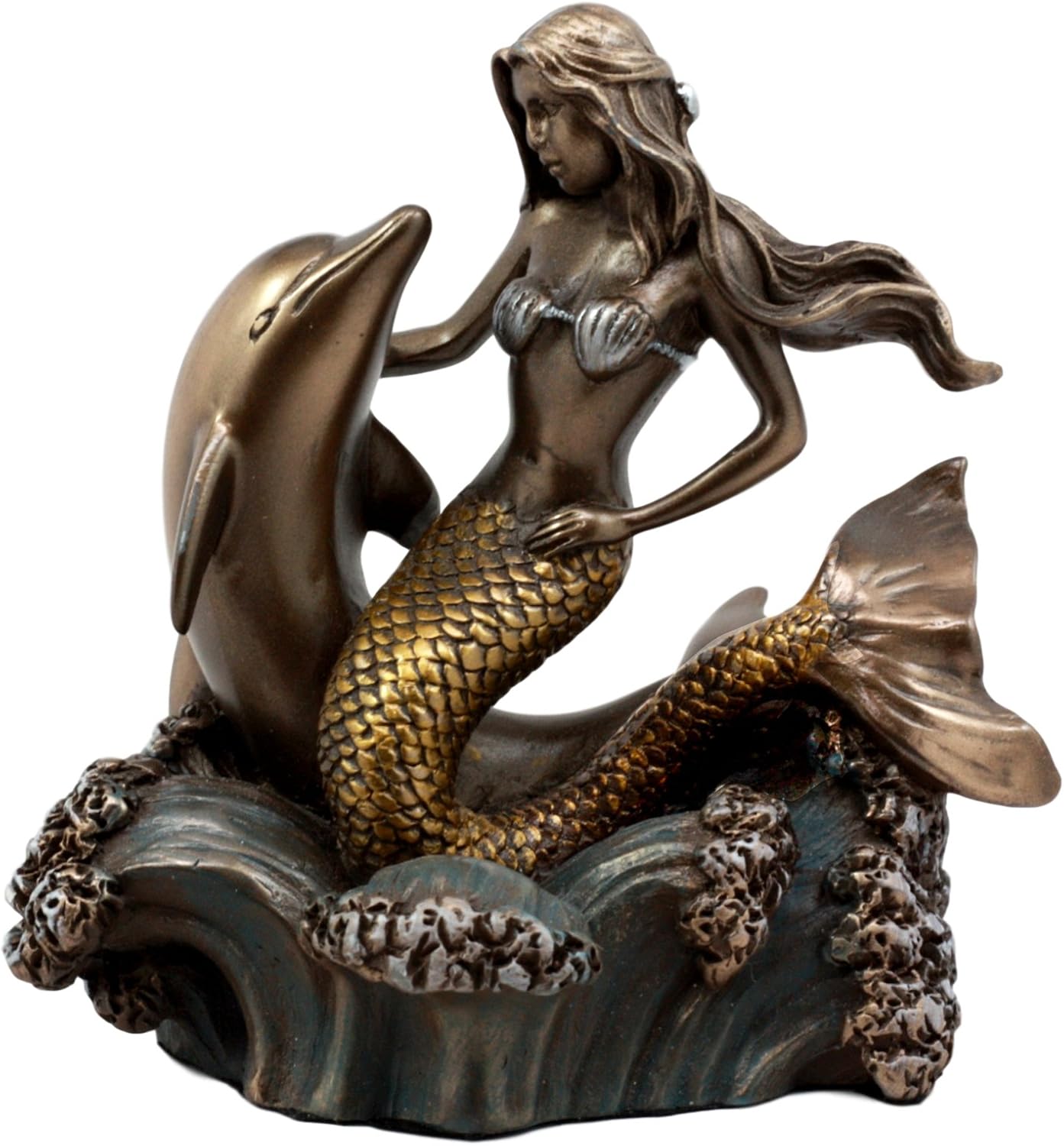 Ebros Atlantis Mermaid Embracing Dolphin by Ocean Waves Statue 4.5" L Art Nouveau Nautical Mermaid Decorative Figurine