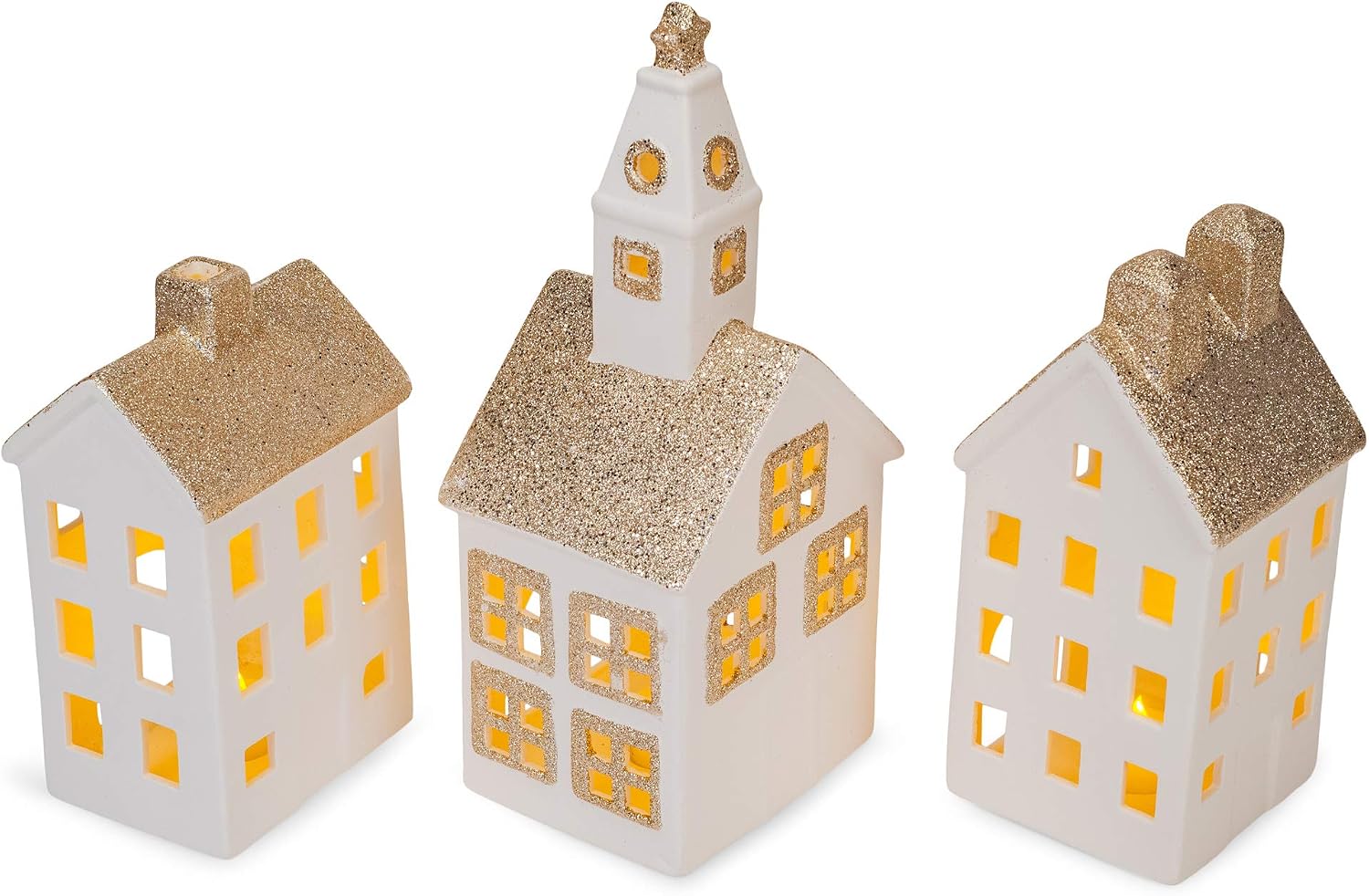 Mark Feldstein & Associates Village White Glitter 12 inch Porcelain LED Christmas Figurines 9 Piece Set