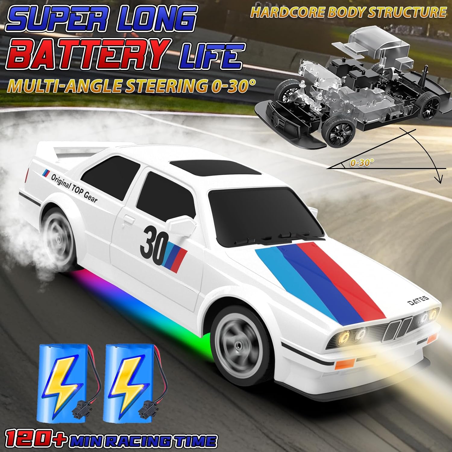 Remote Control Cars 1:16 Scale RC Drift Car 2.4Ghz 30KM/H High Speed 4WD RTR Racing Car with Drift Tires LED Lights 2PCS Rechargeable Batteries RC Sport Cars Toys for Adults Boys Girls Kids Gift