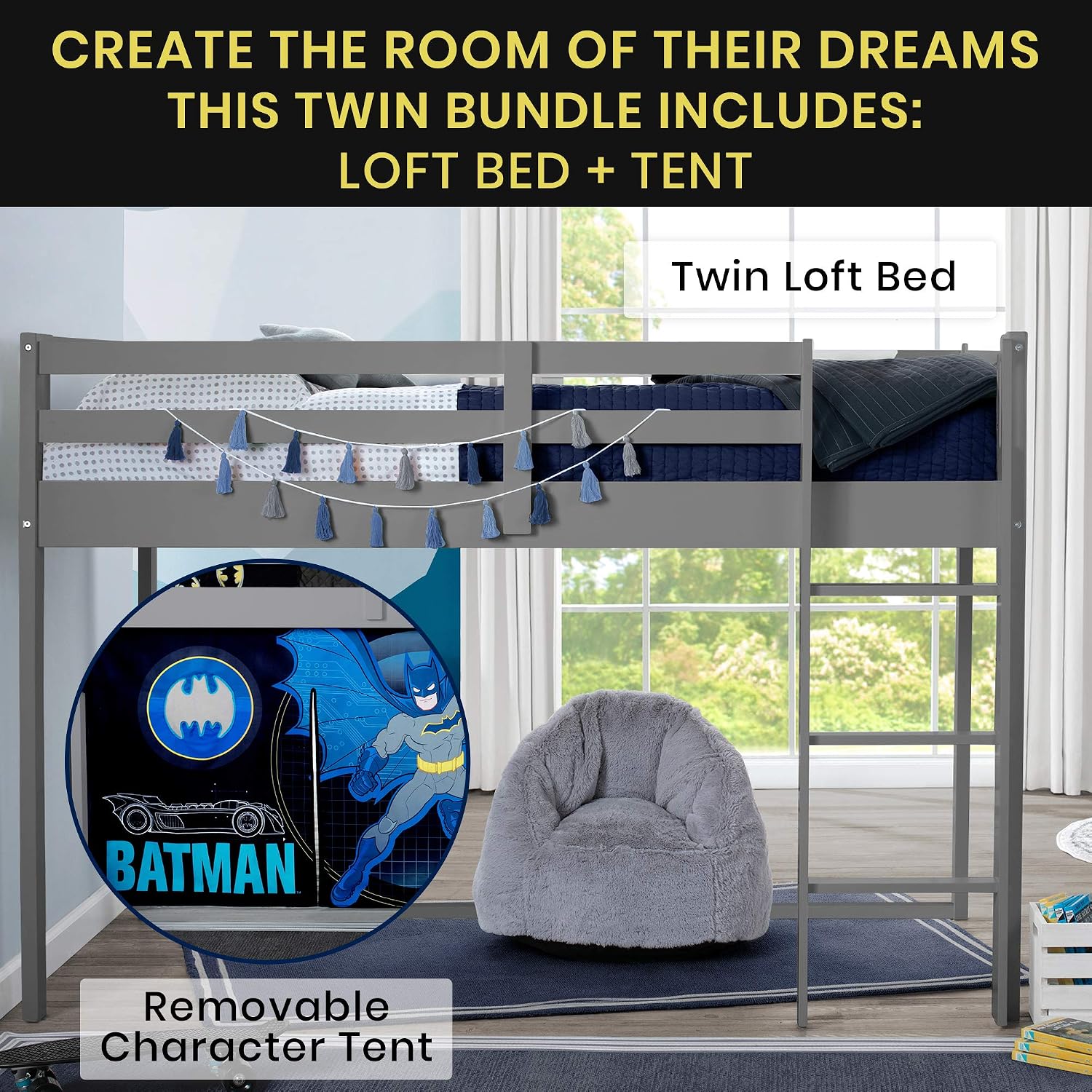 Delta Children Twin Loft Bed with Guardrail and Ladder (Coordinates with Loft Bed Tents Sold Separately), White