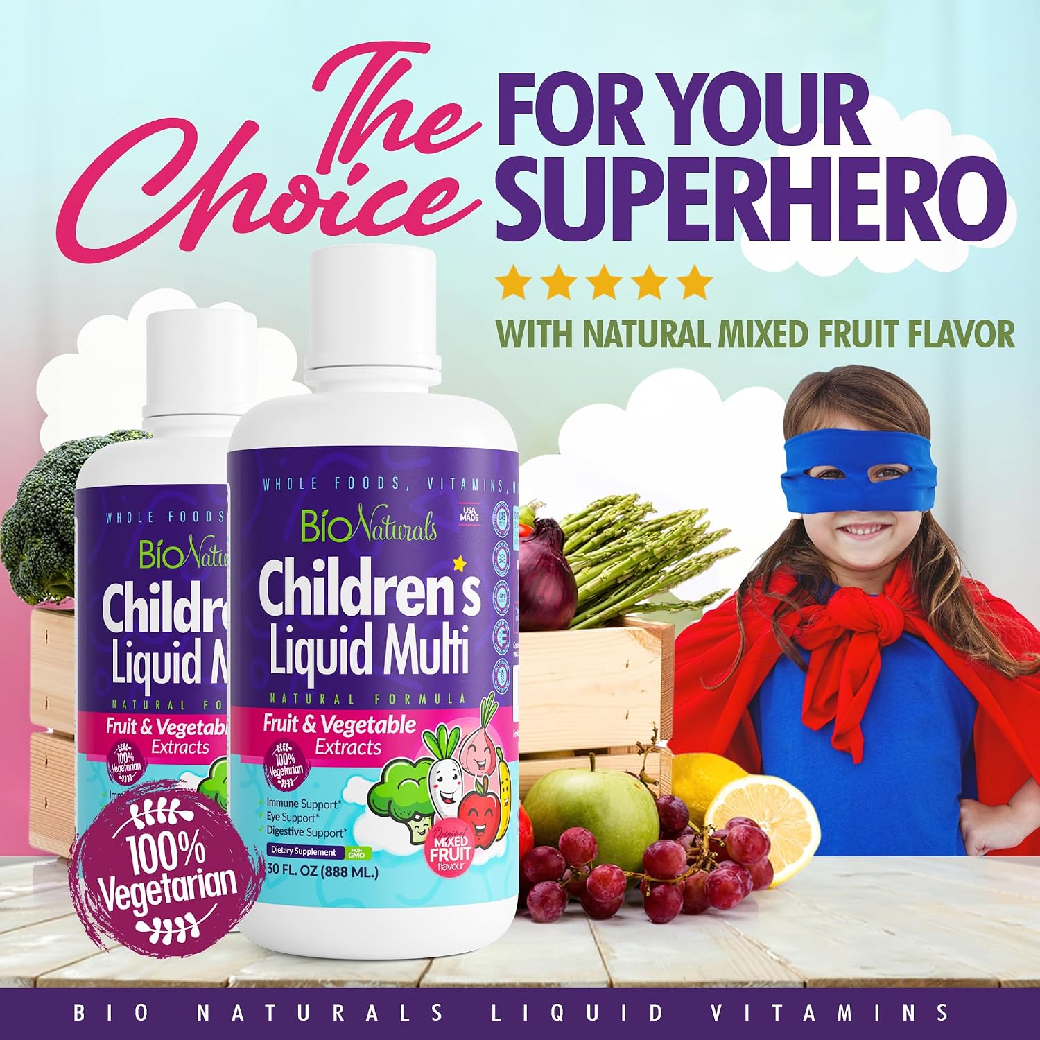 Children's Liquid Multivitamin & Immune Booster - Natural Supplement for Kids & Toddlers with Vitamins A B C D3 E, Fiber