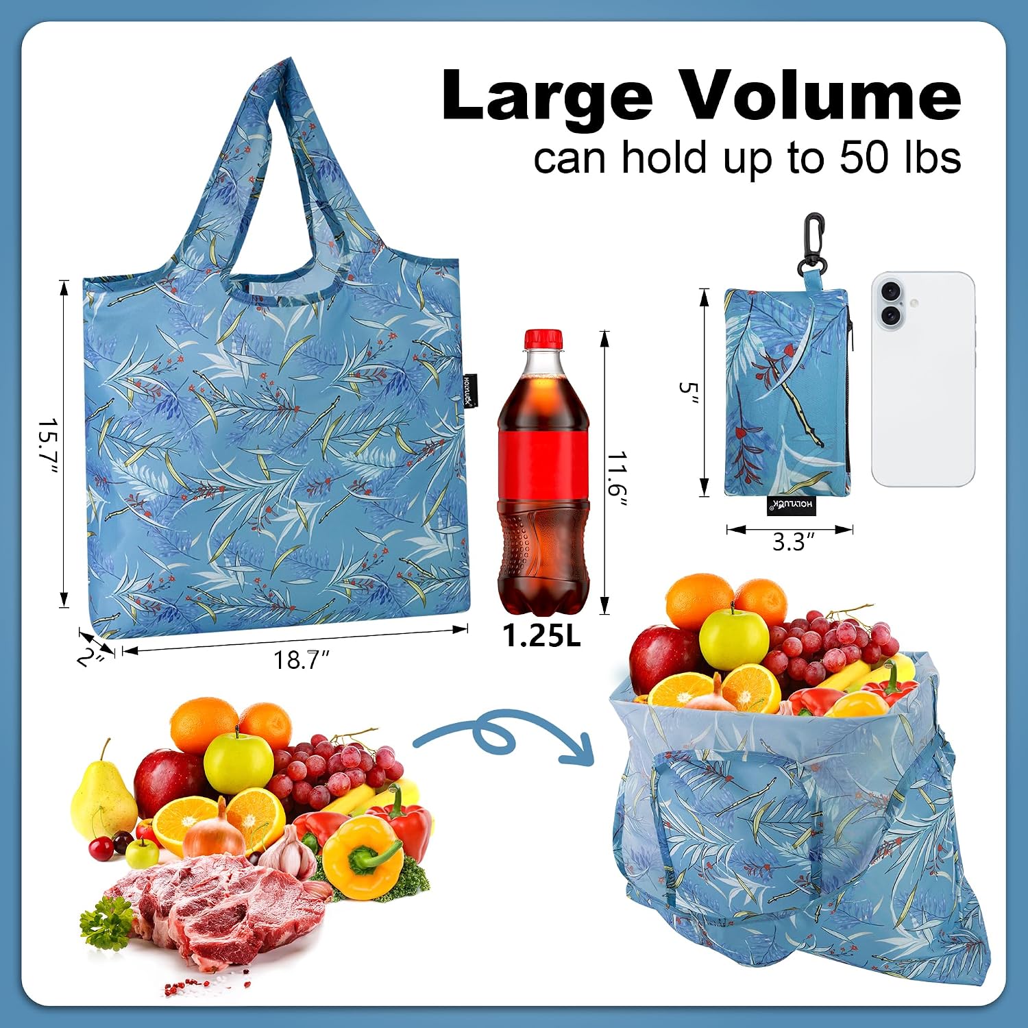 HOLYLUCK Reusable Grocery Bags,Heavy Duty Foldable Shopping Tote Bag (Standard, 3 Blue Geometric Flowers)