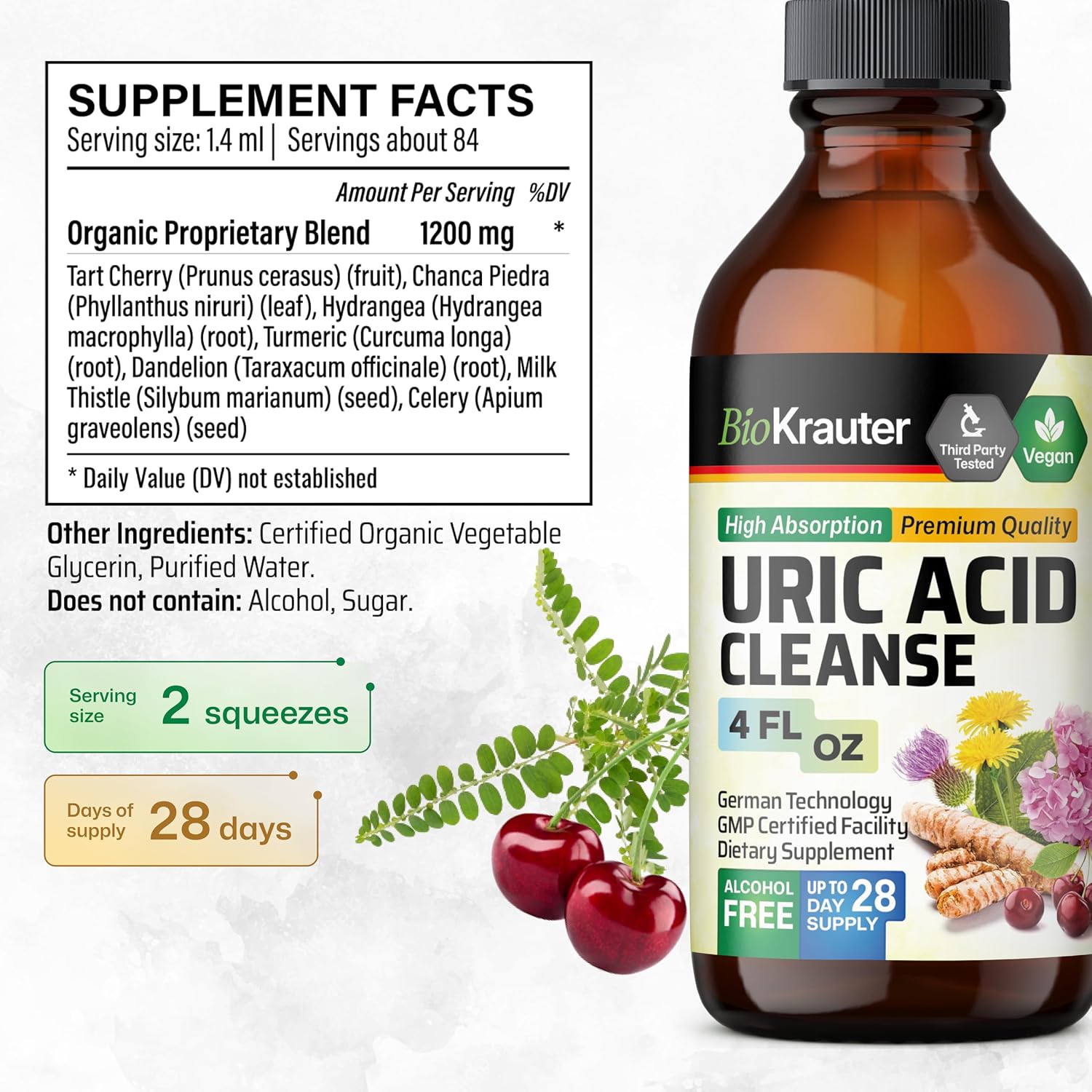 BIO KRAUTER® 7-in-1 Uric Acid Support Supplement with Tart Cherry, Dandelion Root, Cranberry