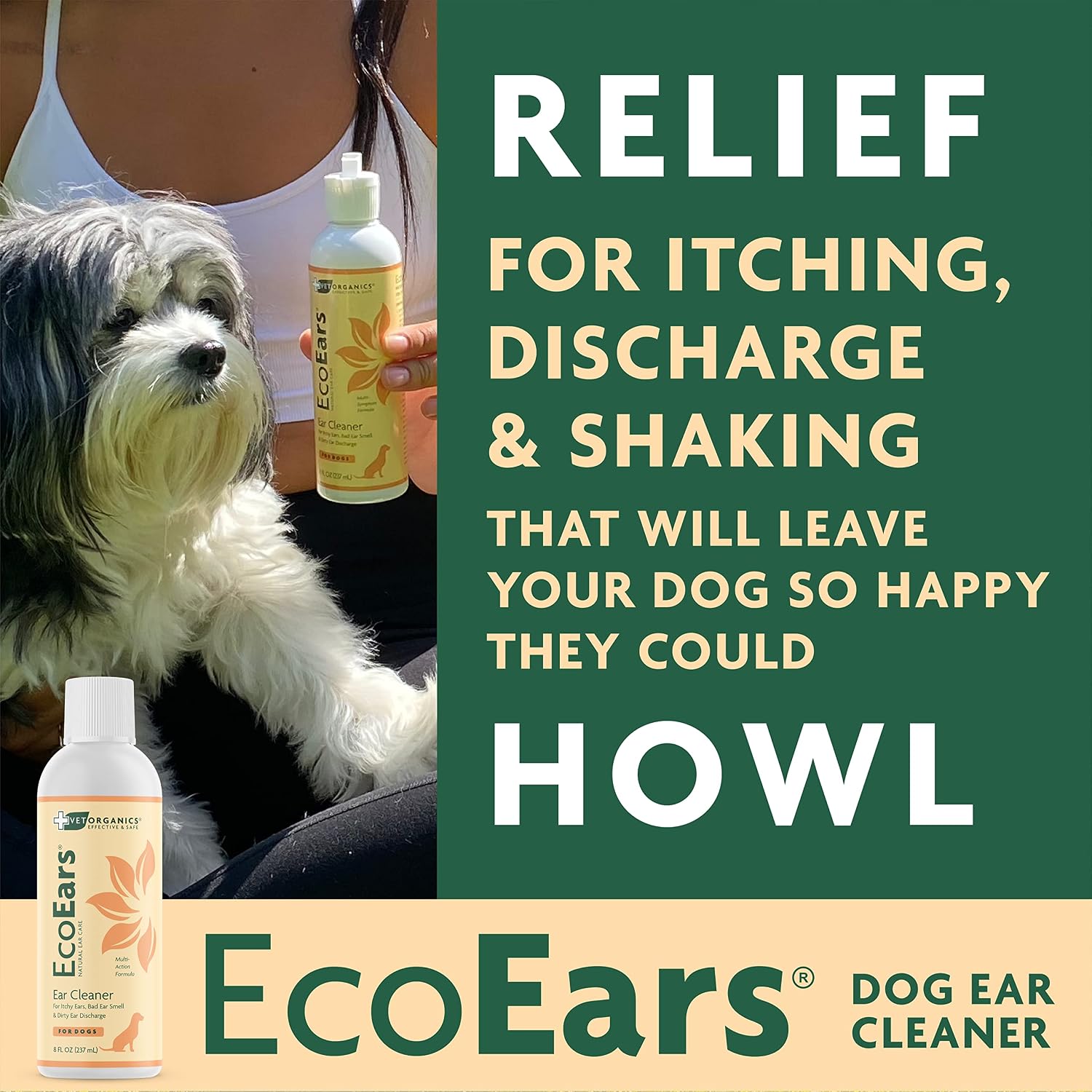 EcoEars Dog Ear Cleaner – Natural Multi-Action Formula for Ear Infection, Bad Discharge & Odor – Removes Foreign Matter & Cleans Difficult Ears - 8fl oz.