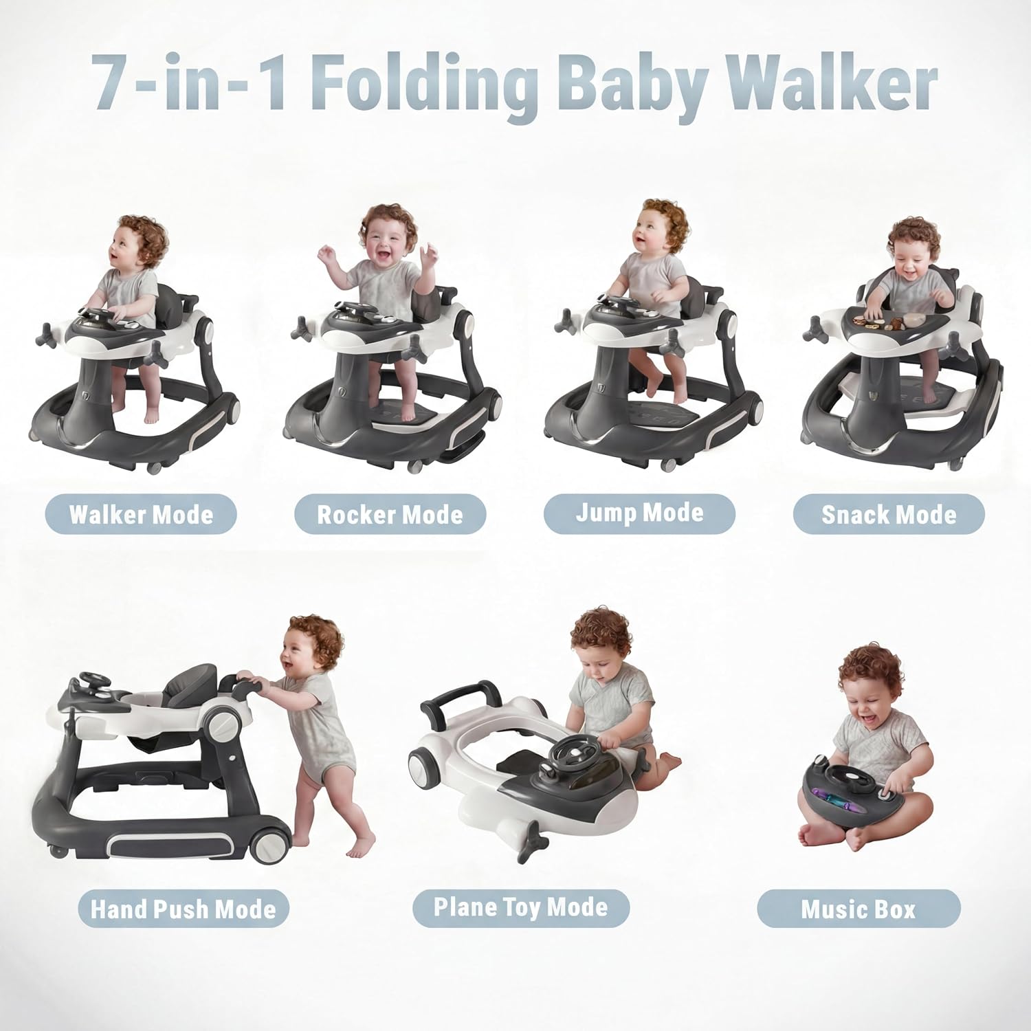 7 in 1 Foldable Baby Walker, Rock/Push Mode/Activity Center, Green | Adjustable Height & Speed, Music, Lights, Footrest, Detachable Play Toy Panel, Walker with Wheels for Infants 7-18 Months