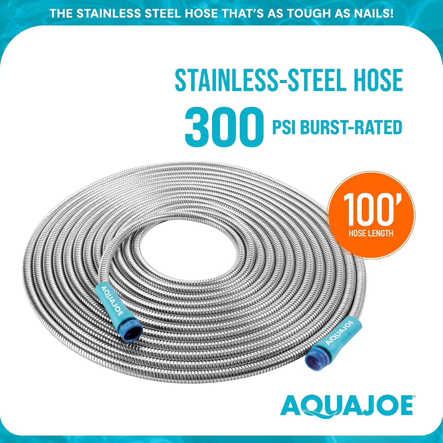 Aqua Joe 50-Foot Heavy Duty Garden Hose, Spiral 304 Stainless Steel Metal Hose, Puncture Proof, 1/2 Inch Diameter with Aluminum Fittings, AJSGH50